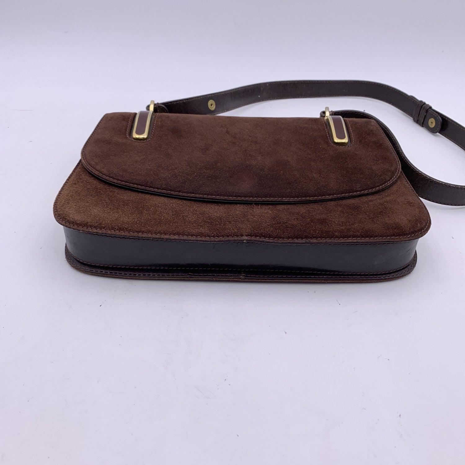 Women's Gucci Vintage Brown Suede Flap Shoulder Bag with Enamel
