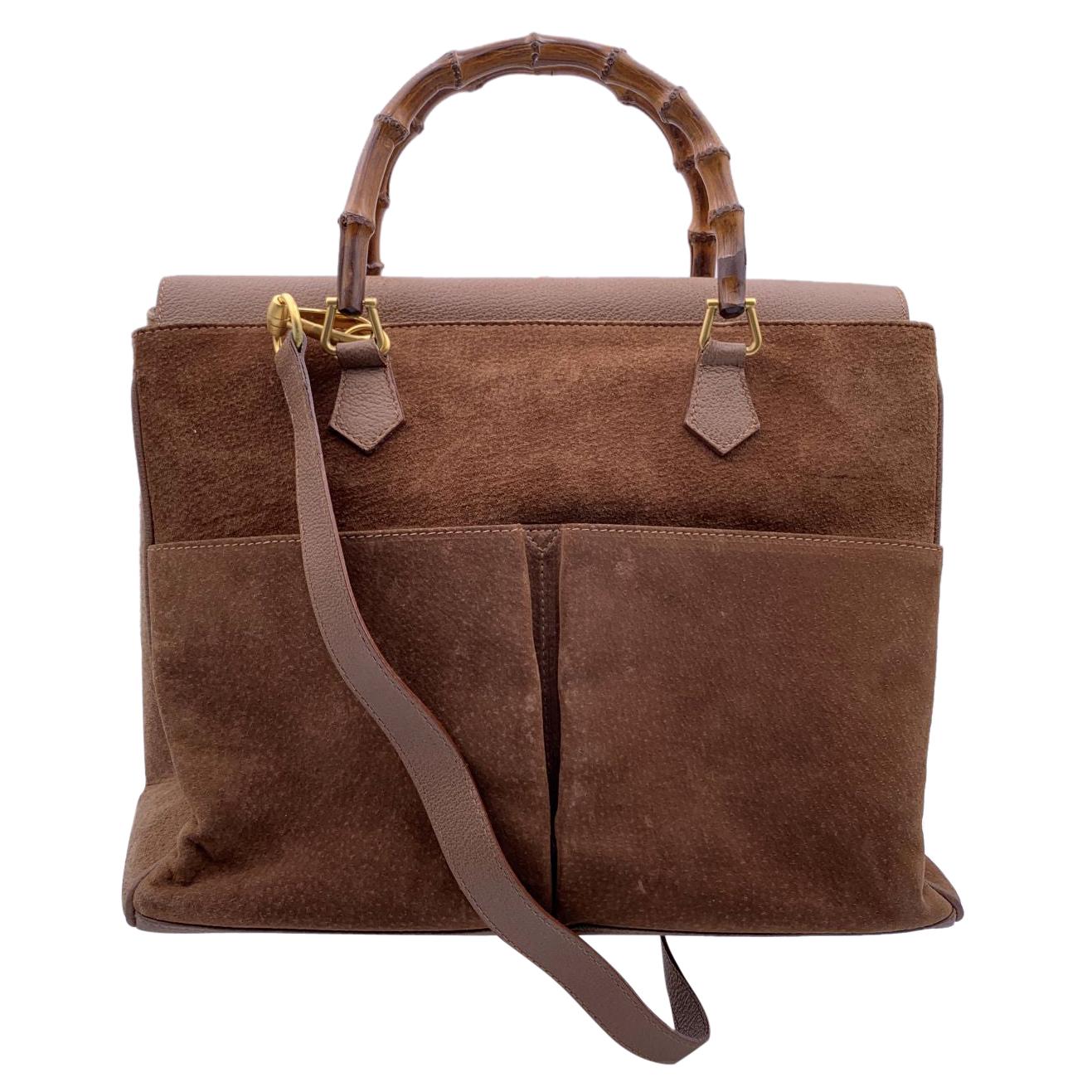Gucci Vintage Brown Suede Front Pockets Bamboo Tote Bag