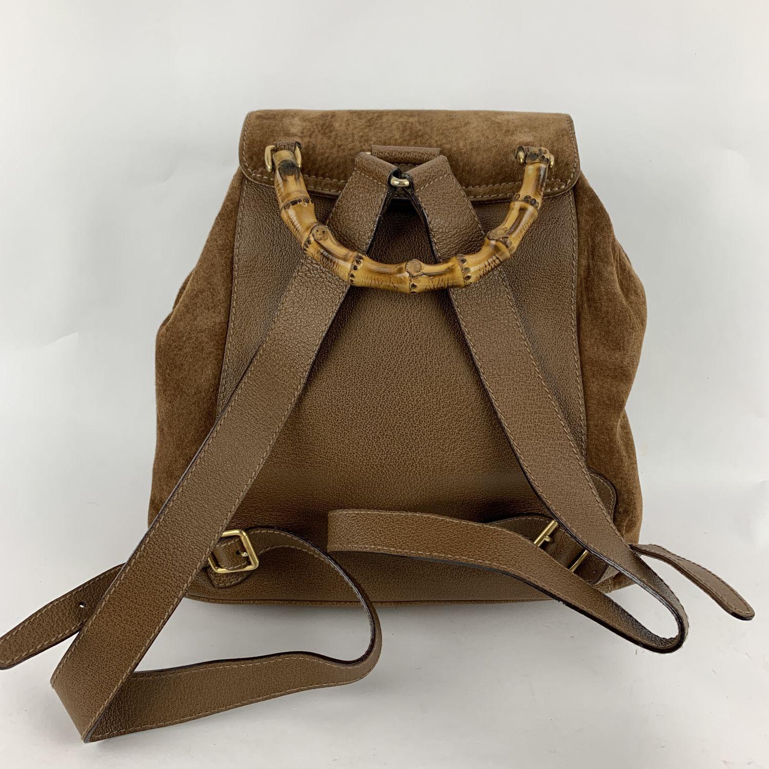 Women's or Men's Gucci Vintage Brown Suede Leather Bamboo Backpack Bag