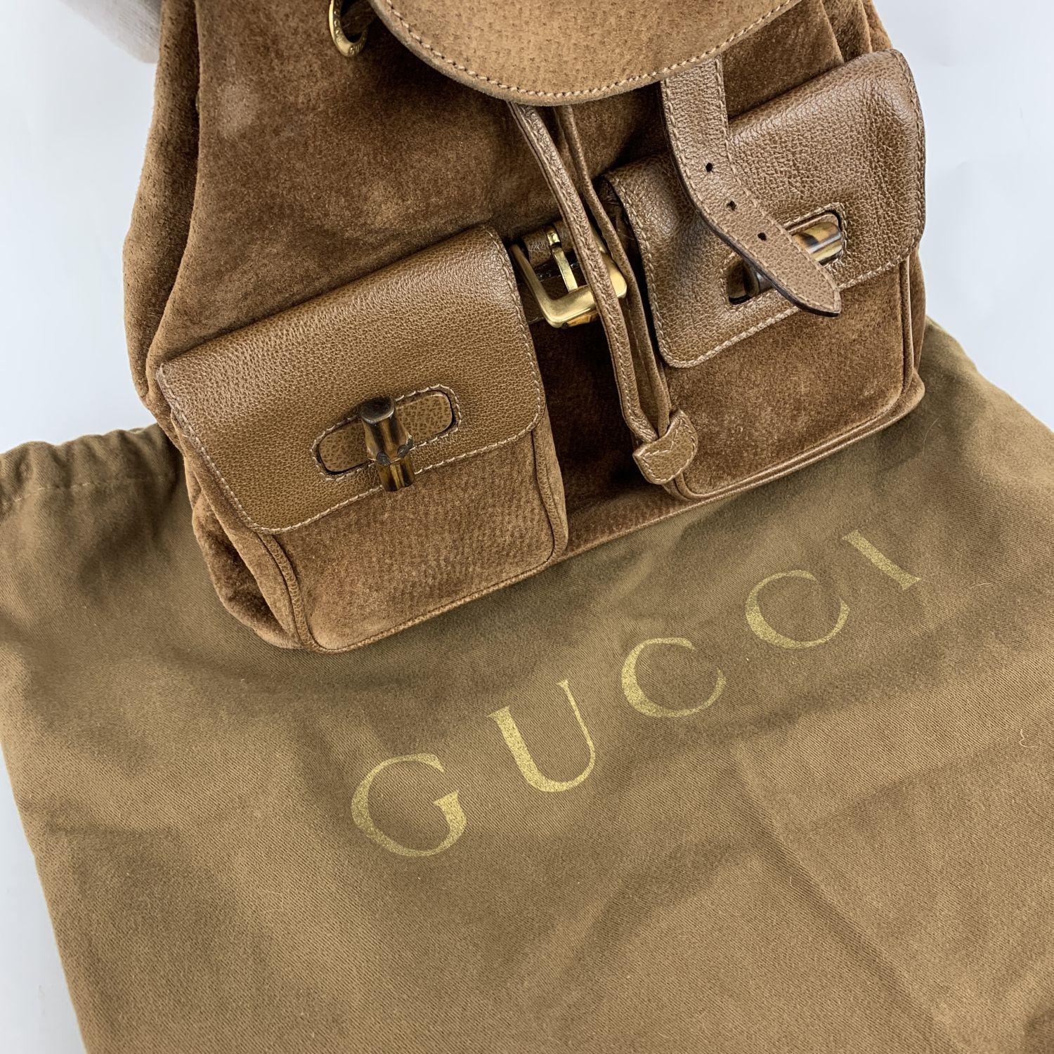 Gucci Vintage Brown Suede Leather Bamboo Backpack Bag 3