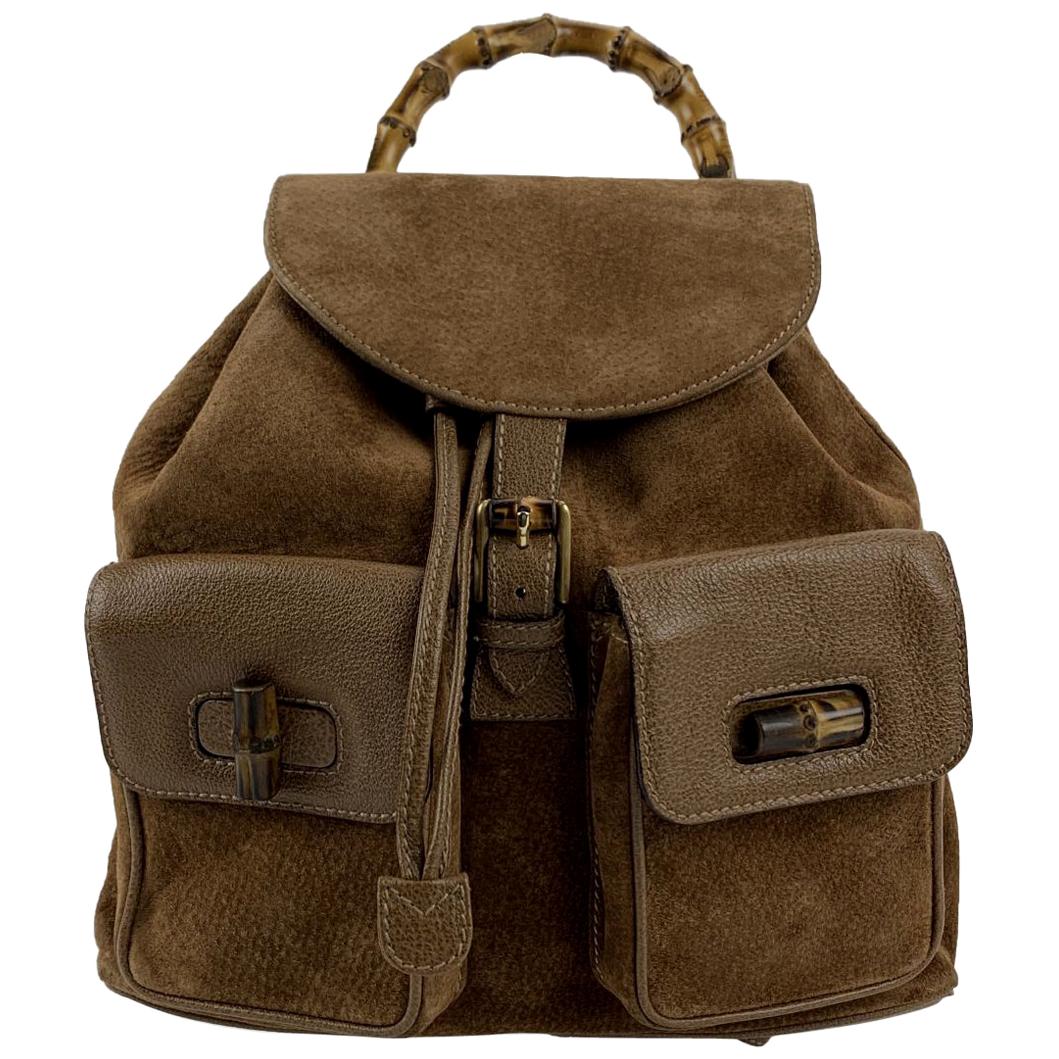 Gucci Vintage Brown Suede Leather Bamboo Backpack Bag