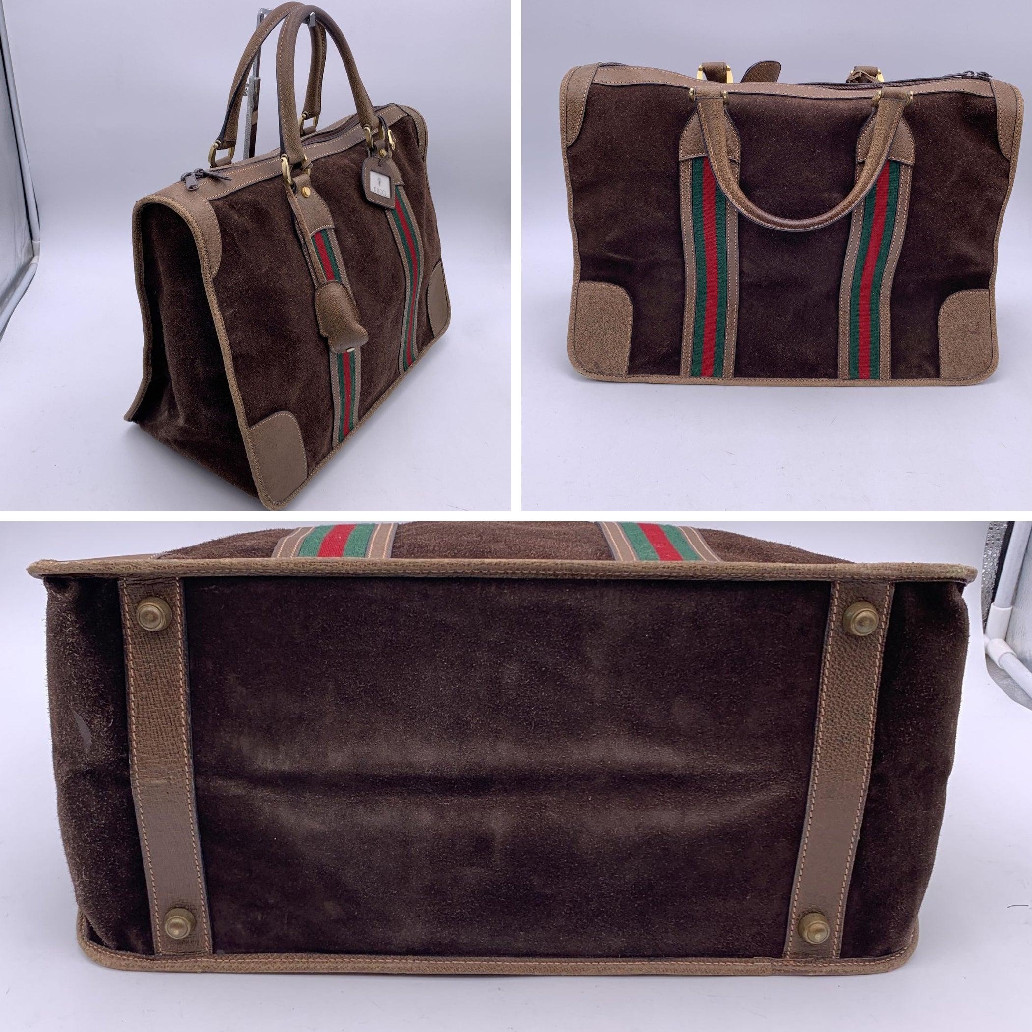 Black Gucci Vintage Brown Suede Leather Satchel Overnight Bag with Stripes