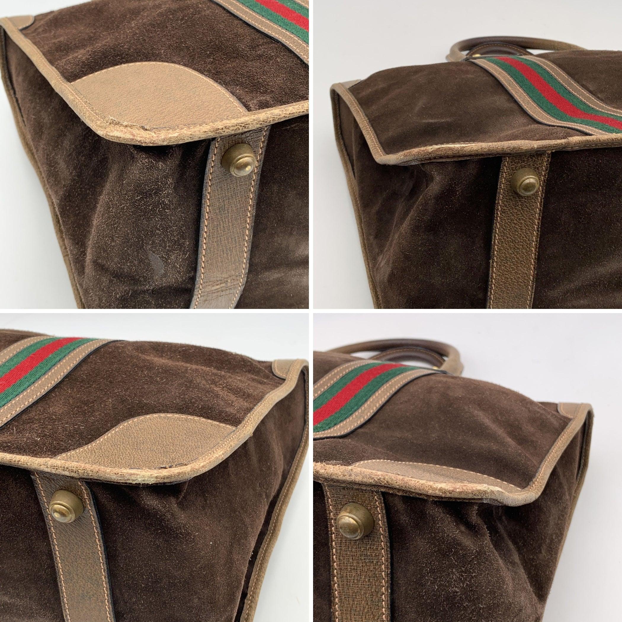 Gucci Vintage Brown Suede Leather Satchel Overnight Bag with Stripes In Good Condition In Rome, Rome