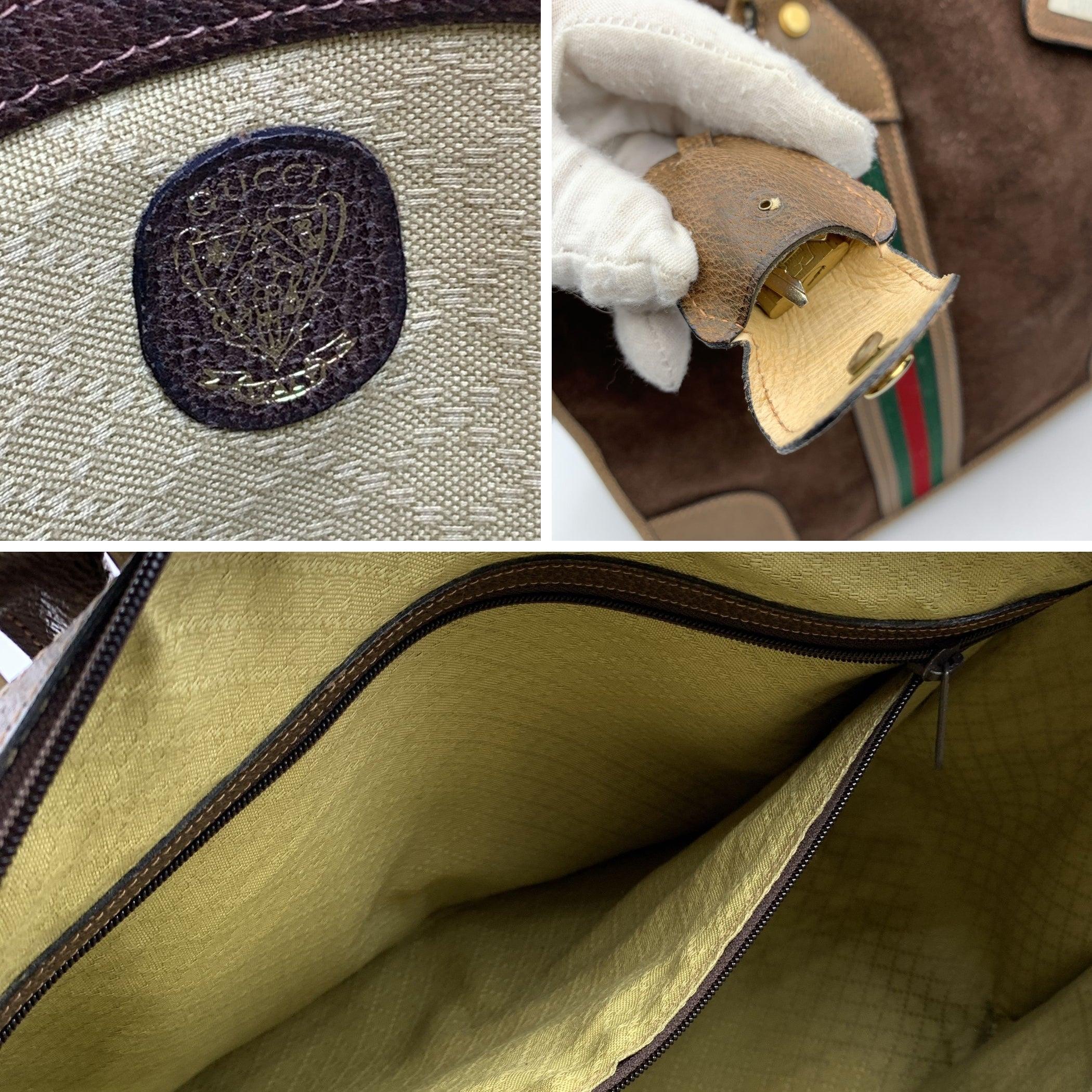 Gucci Vintage Brown Suede Leather Satchel Overnight Bag with Stripes 1
