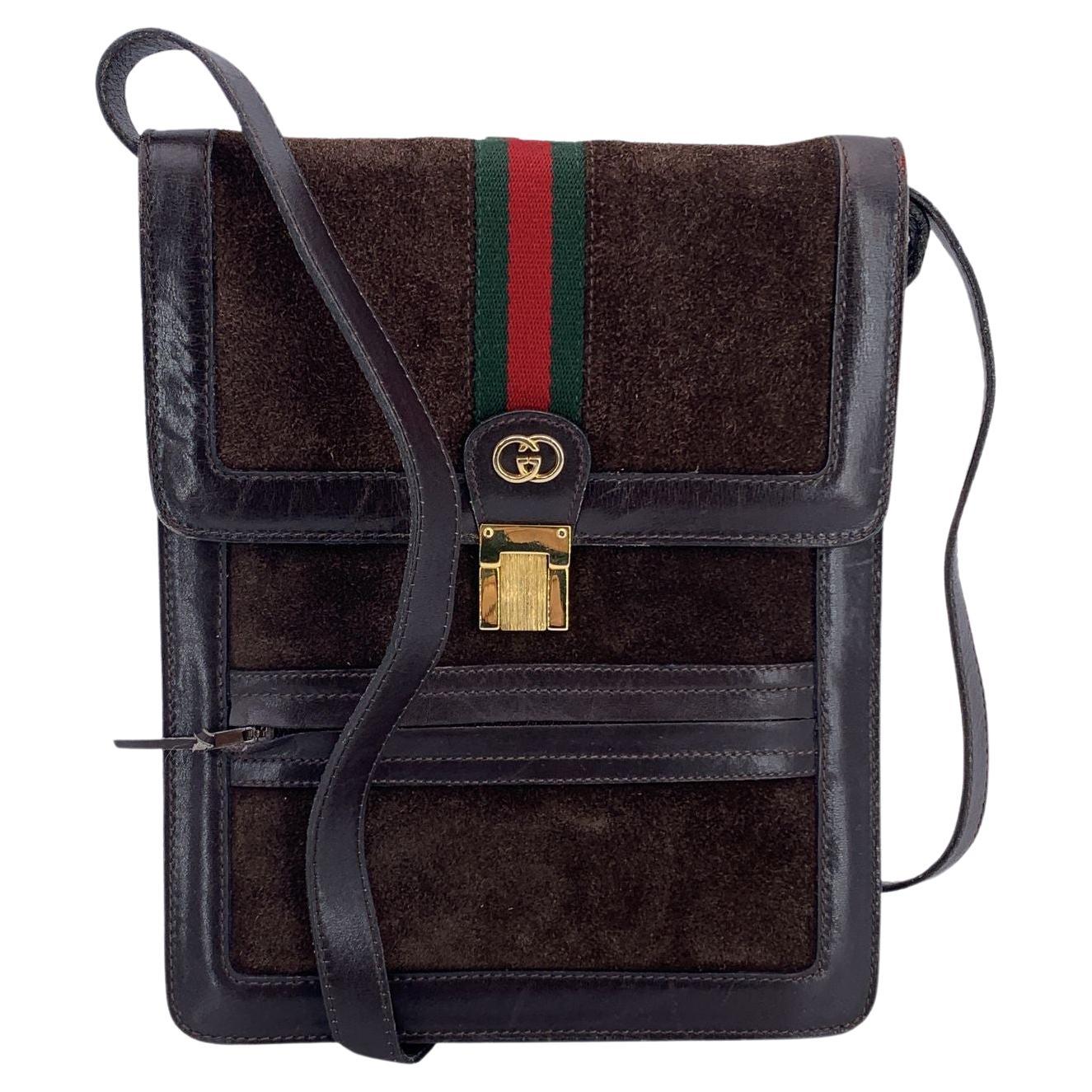 Gucci Vintage Brown Suede Shoulder Bag Men Purse with Stripes im Angebot