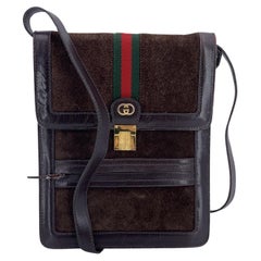 Gucci Vintage Brown Suede Shoulder Bag Men Purse with Stripes