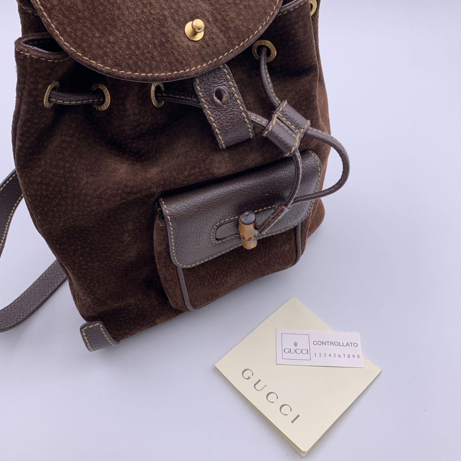 Gucci Vintage Brown Suede Small Bamboo Backpack Shoulder Bag In Excellent Condition In Rome, Rome