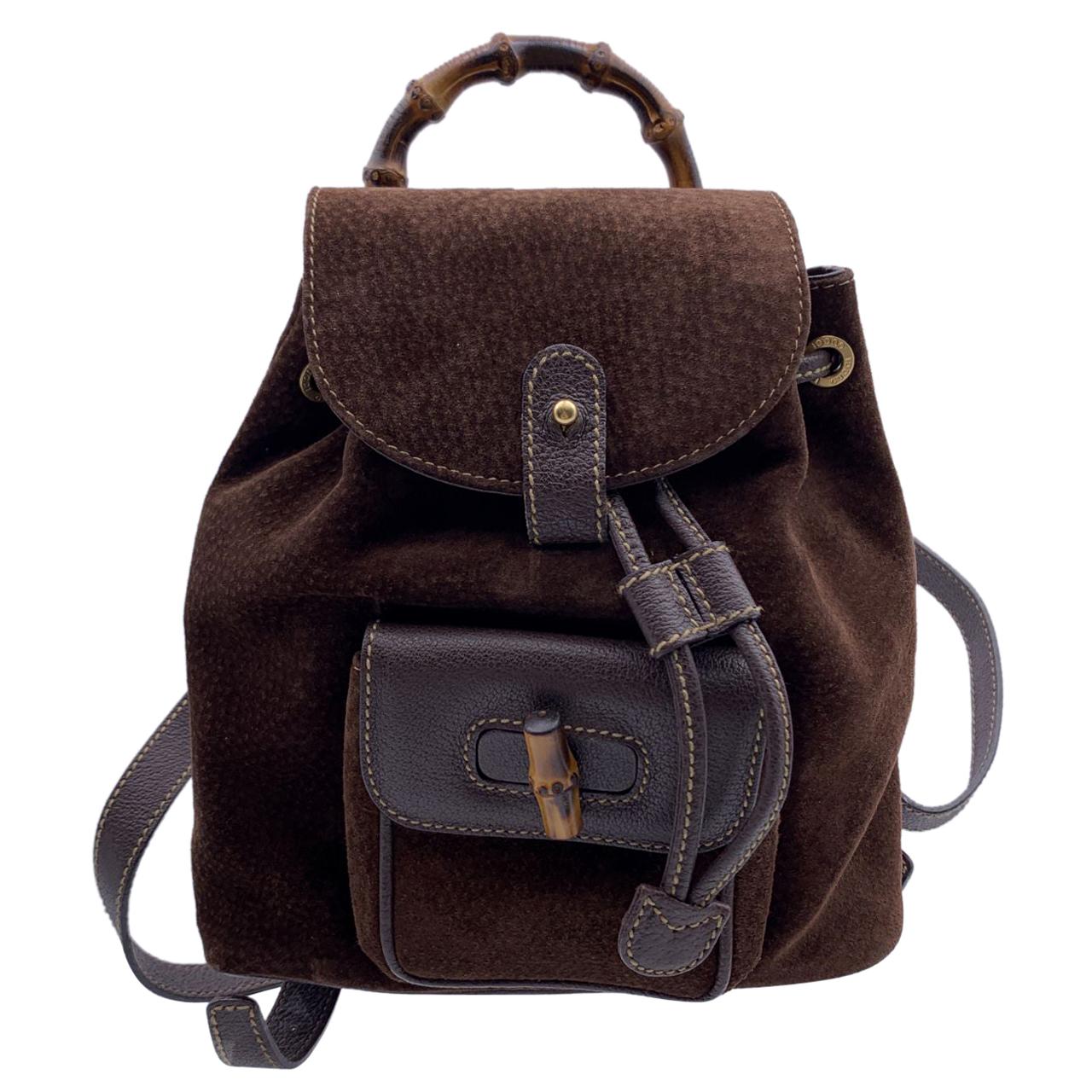 Gucci Vintage Brown Suede Small Bamboo Backpack Shoulder Bag