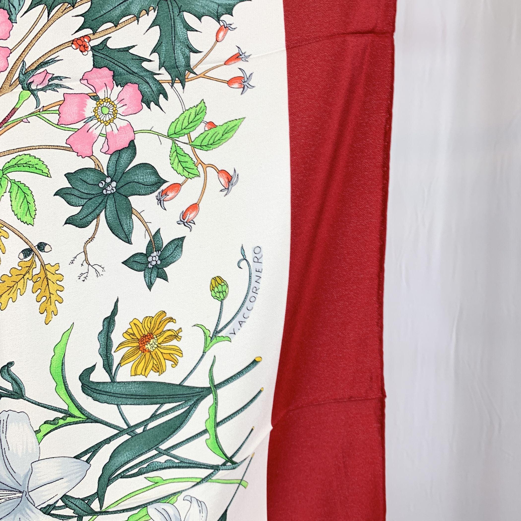 Beige Gucci Vintage Burgundy Floral Silk Scarf Flora 1966 Accornero