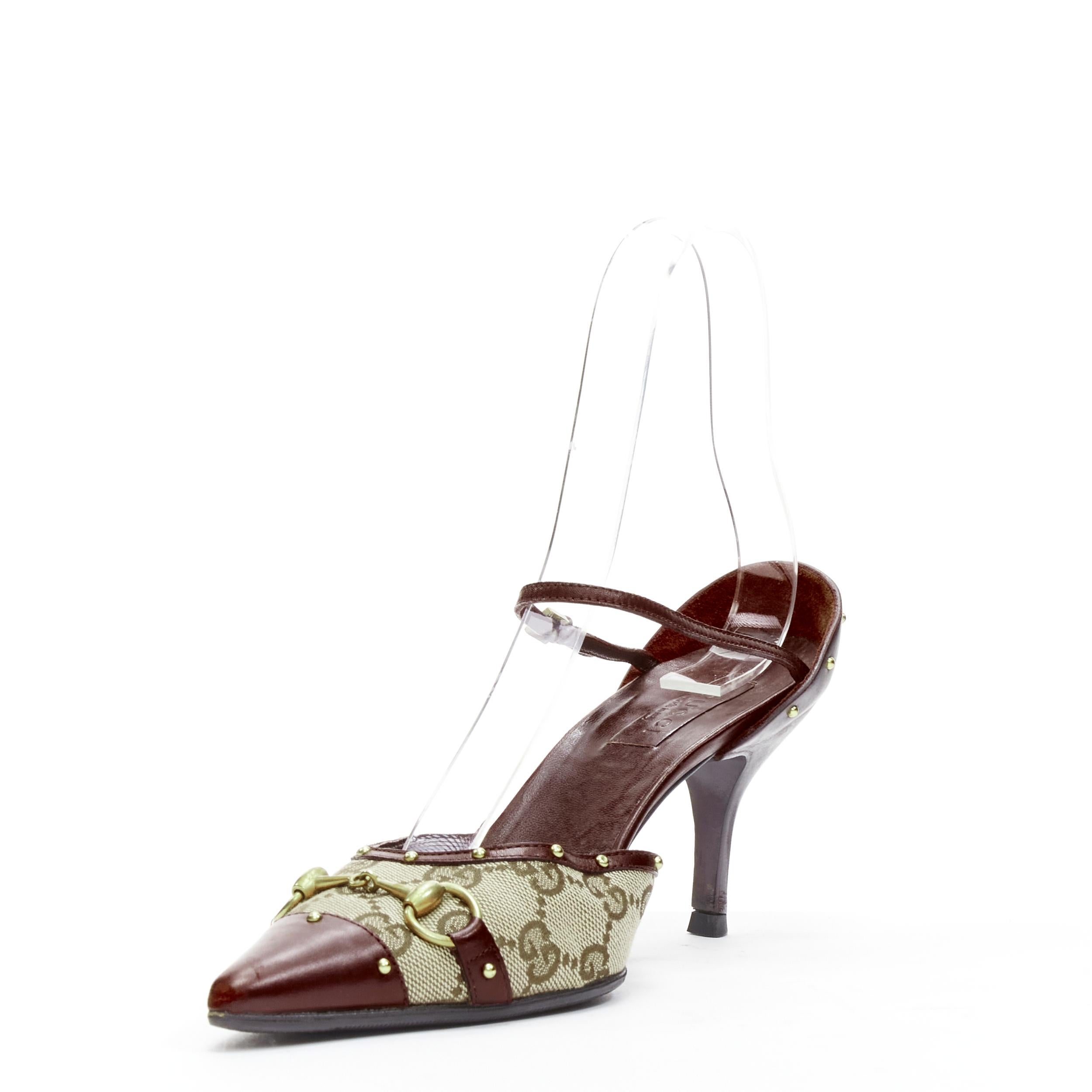 Women's GUCCI Vintage burgundy gold Horsebit buckle GG monogram mid heel pump EU37 C