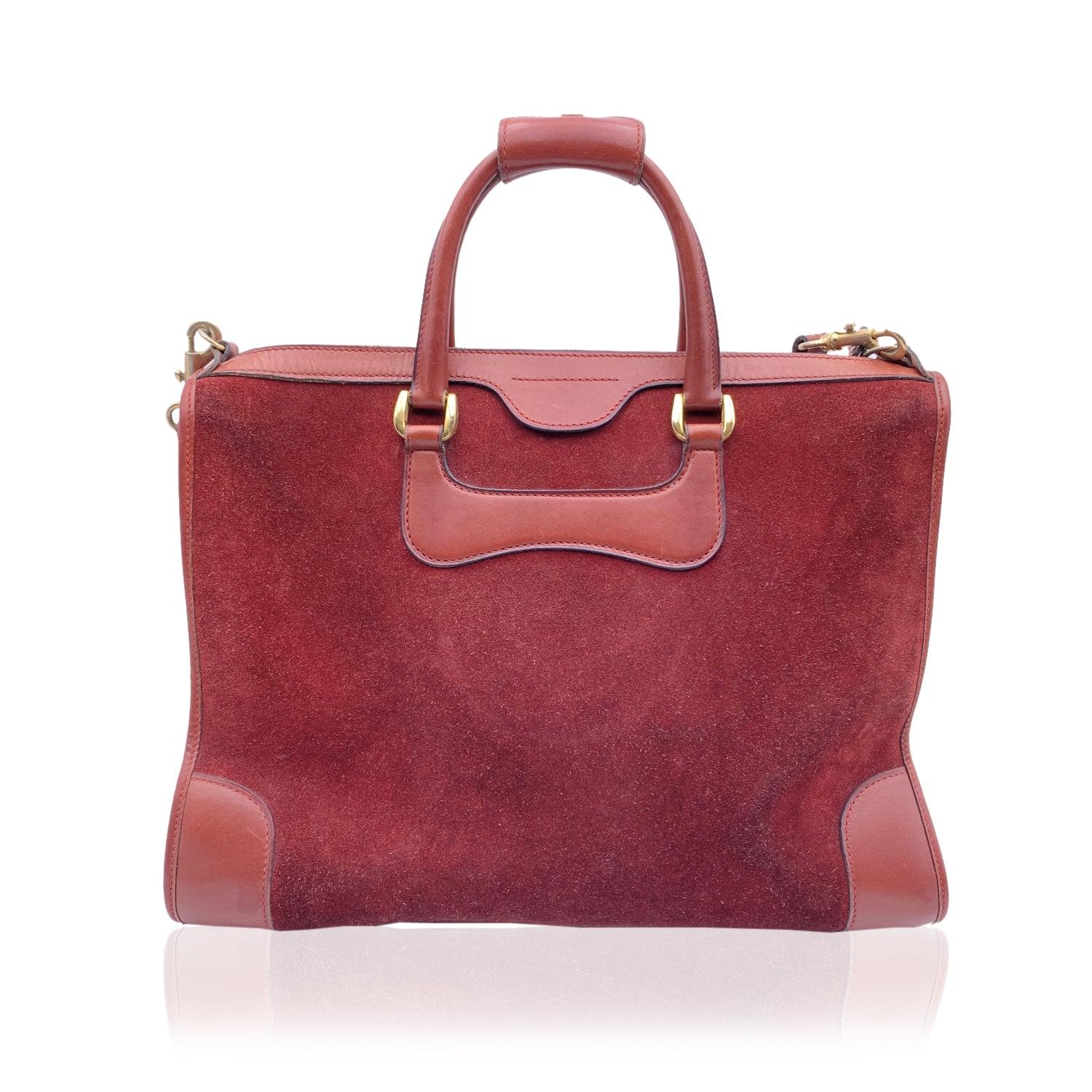 Brown Gucci Vintage Burgundy Suede and Leather Tote Satchel with Strap