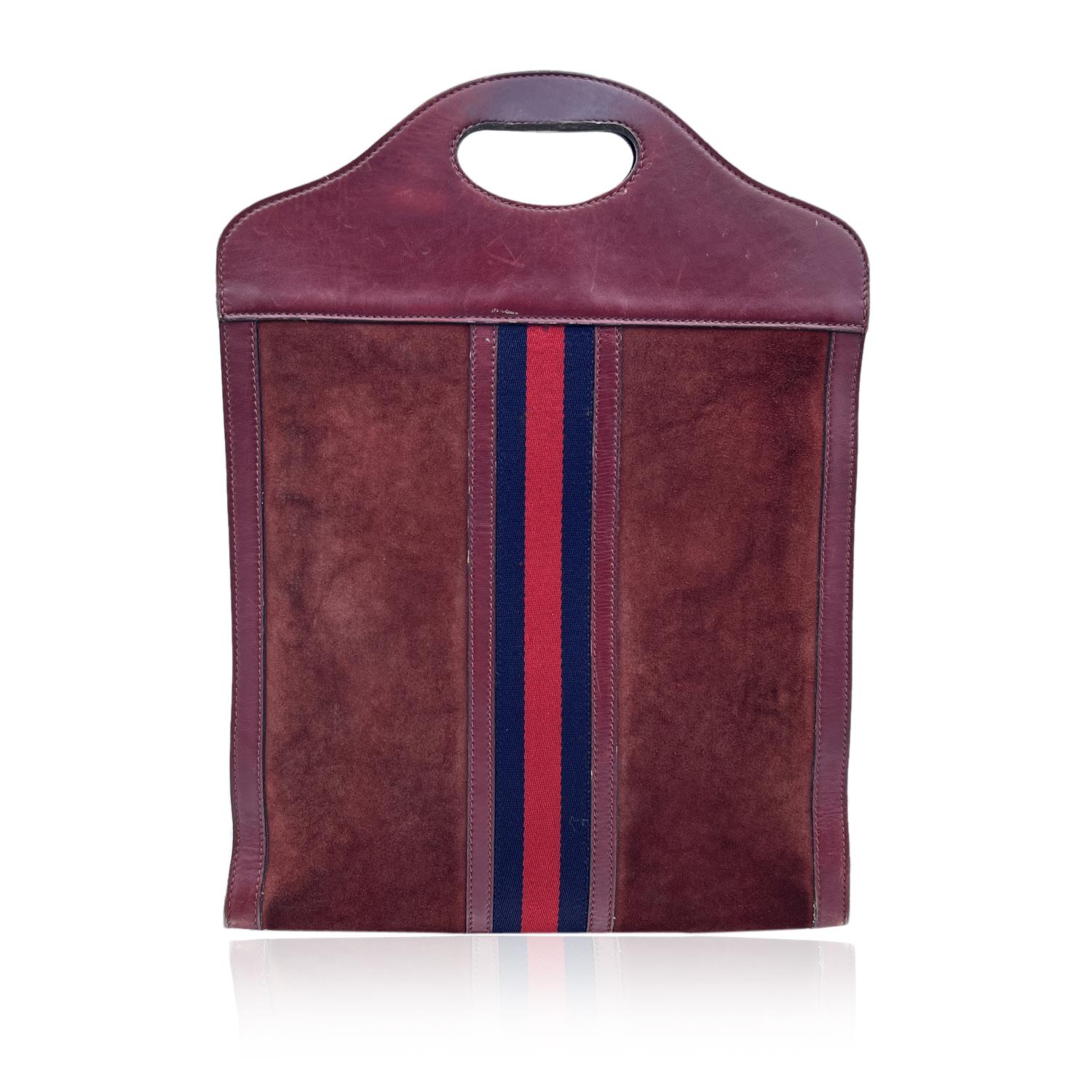 Gucci Vintage Burgundy Suede Shopping Bag Tote with Stripes In Good Condition In Rome, Rome