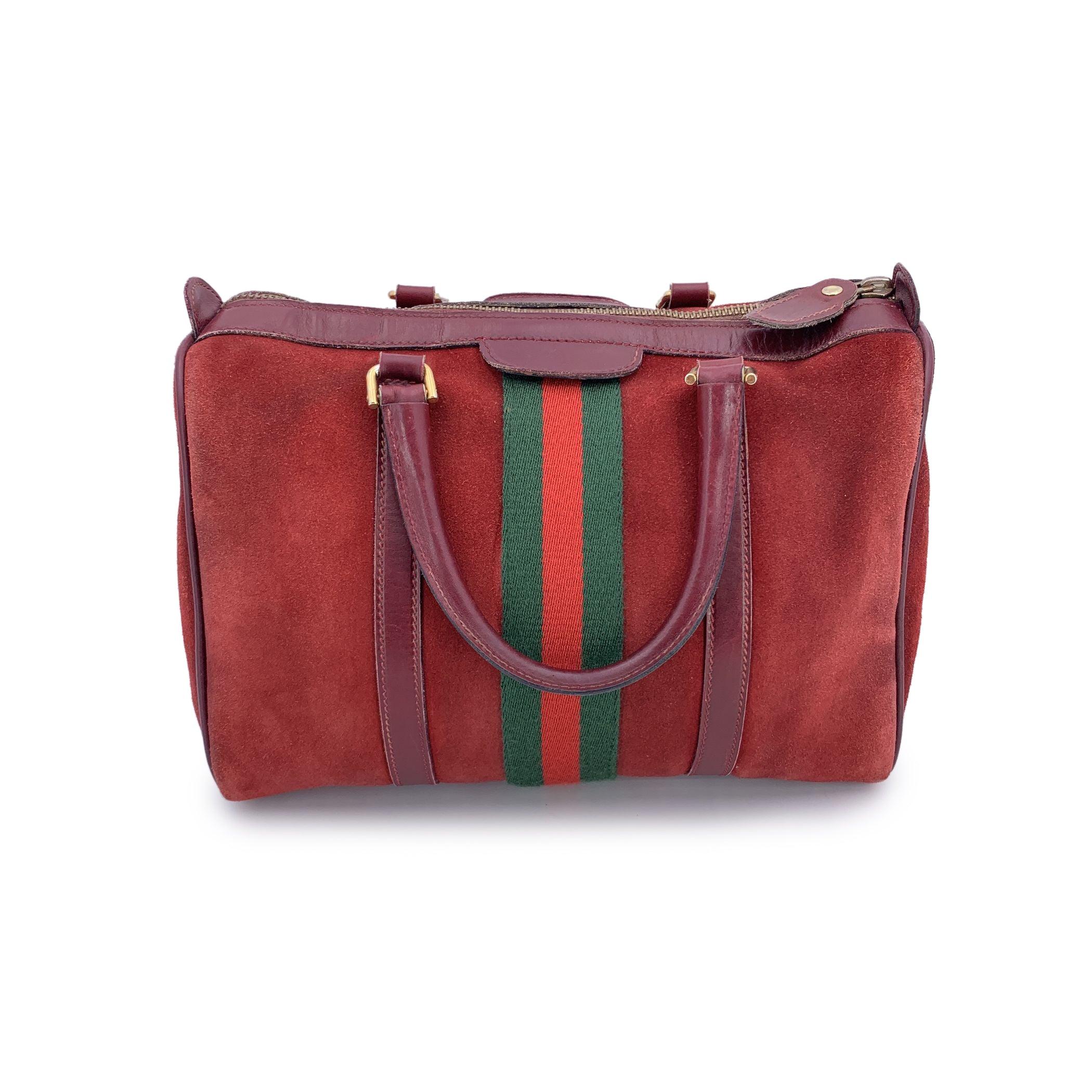 Brown Gucci Vintage Burgundy Suede Web Stripes Boston Bag Handbag For Sale