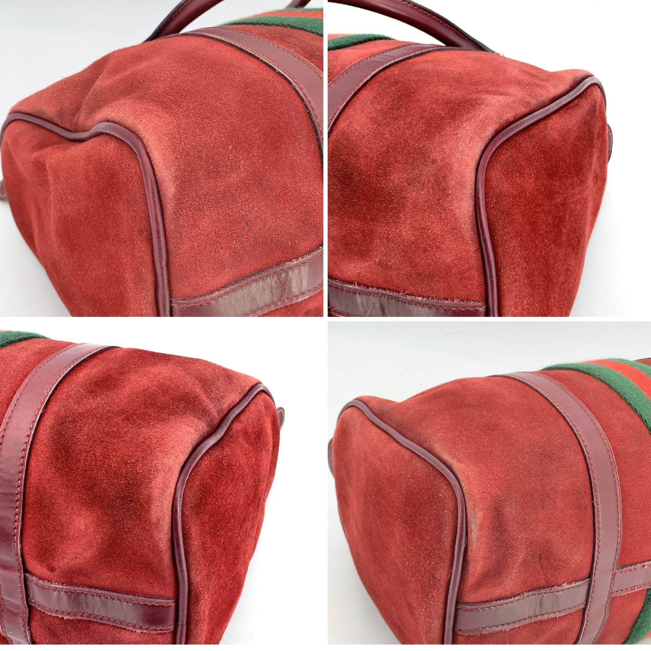 Gucci Vintage Burgundy Suede Web Stripes Boston Bag Handbag In Good Condition For Sale In Rome, Rome
