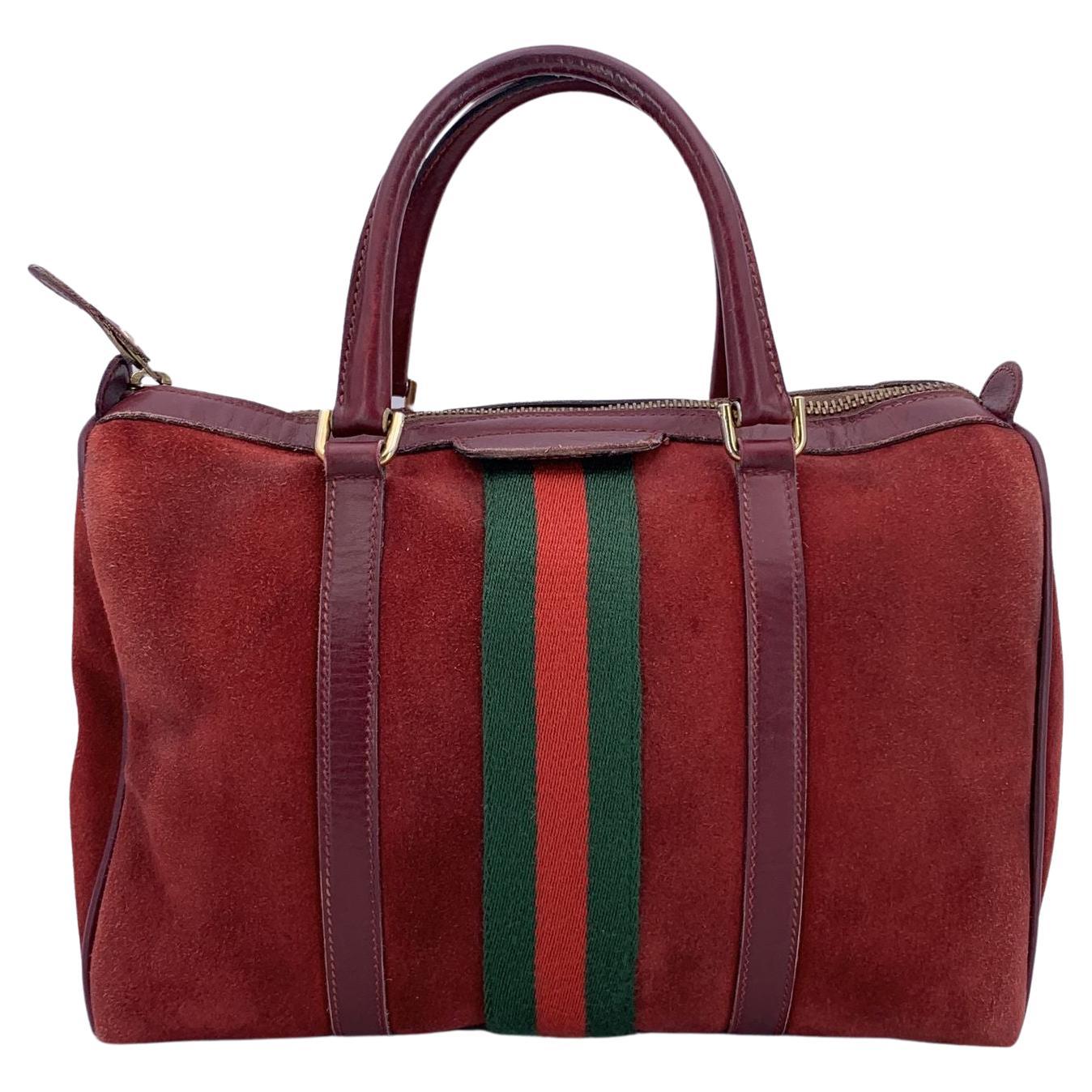 Gucci Vintage Burgundy Suede Web Stripes Boston Bag Handbag For Sale