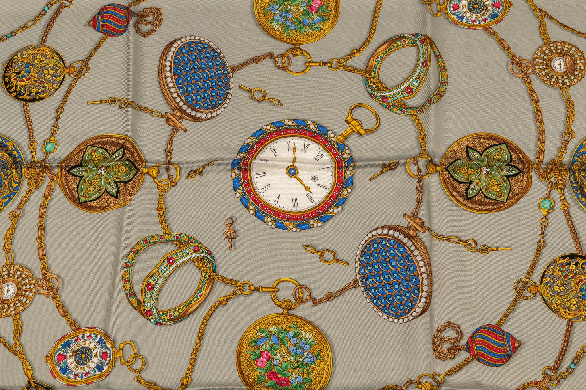 Gray Gucci Vintage Clock Silk Scarf For Sale