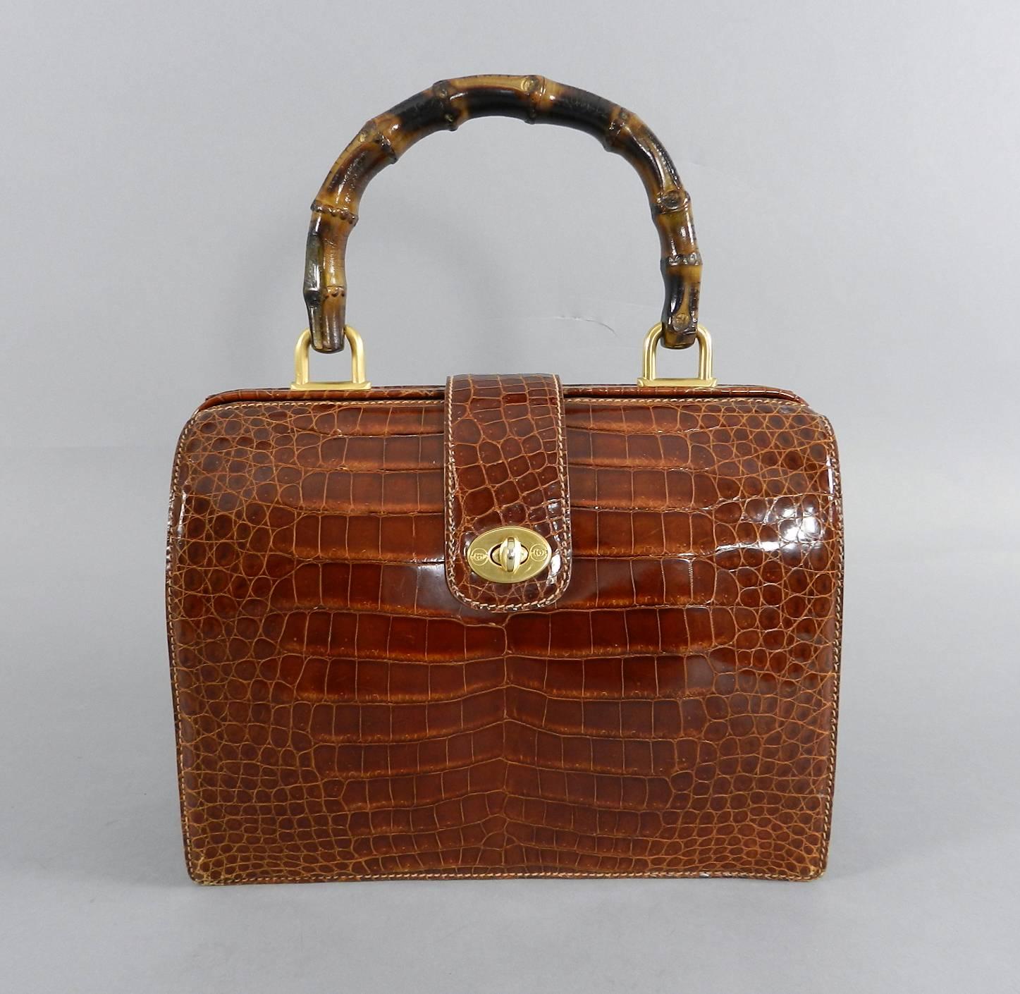 Gucci Vintage Cognac Crocodile Doctor Bag with Bamboo Handle 5