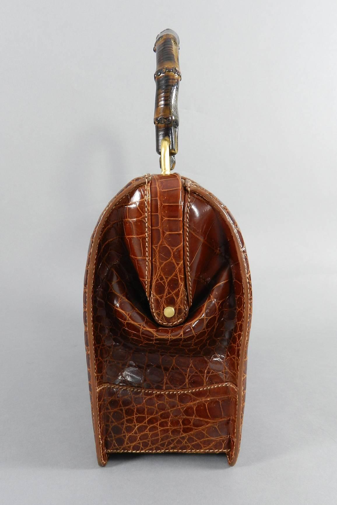 Brown Gucci Vintage Cognac Crocodile Doctor Bag with Bamboo Handle