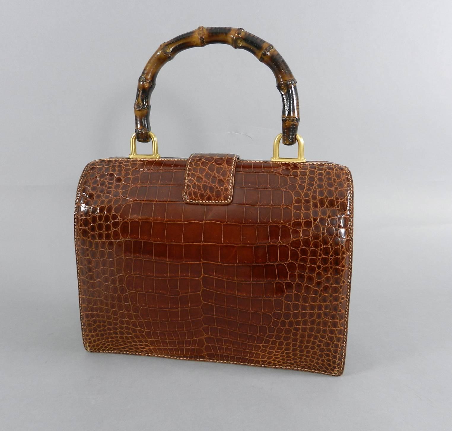 Gucci Vintage Cognac Crocodile Doctor Bag with Bamboo Handle In Excellent Condition In Toronto, ON