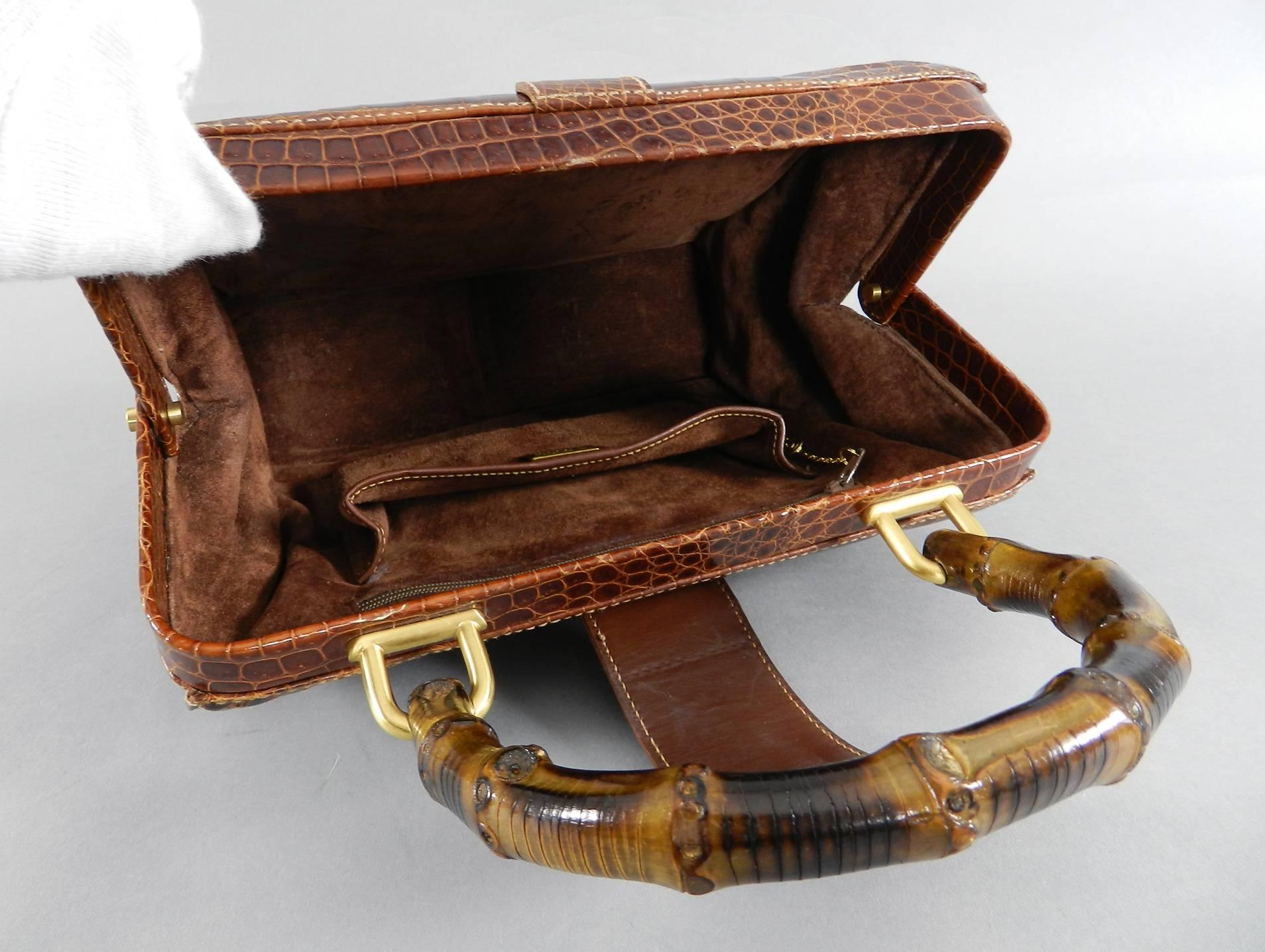 Gucci Vintage Cognac Crocodile Doctor Bag with Bamboo Handle 1