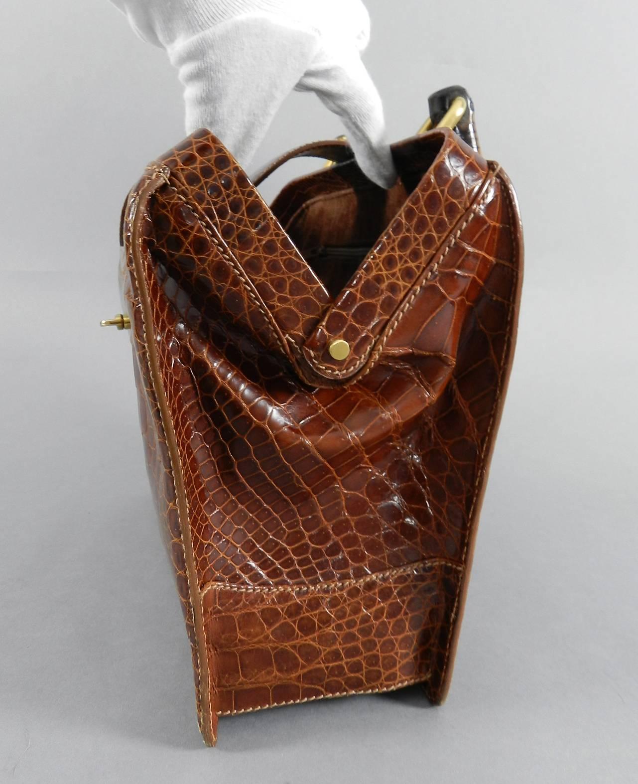 Gucci Vintage Cognac Crocodile Doctor Bag with Bamboo Handle 2