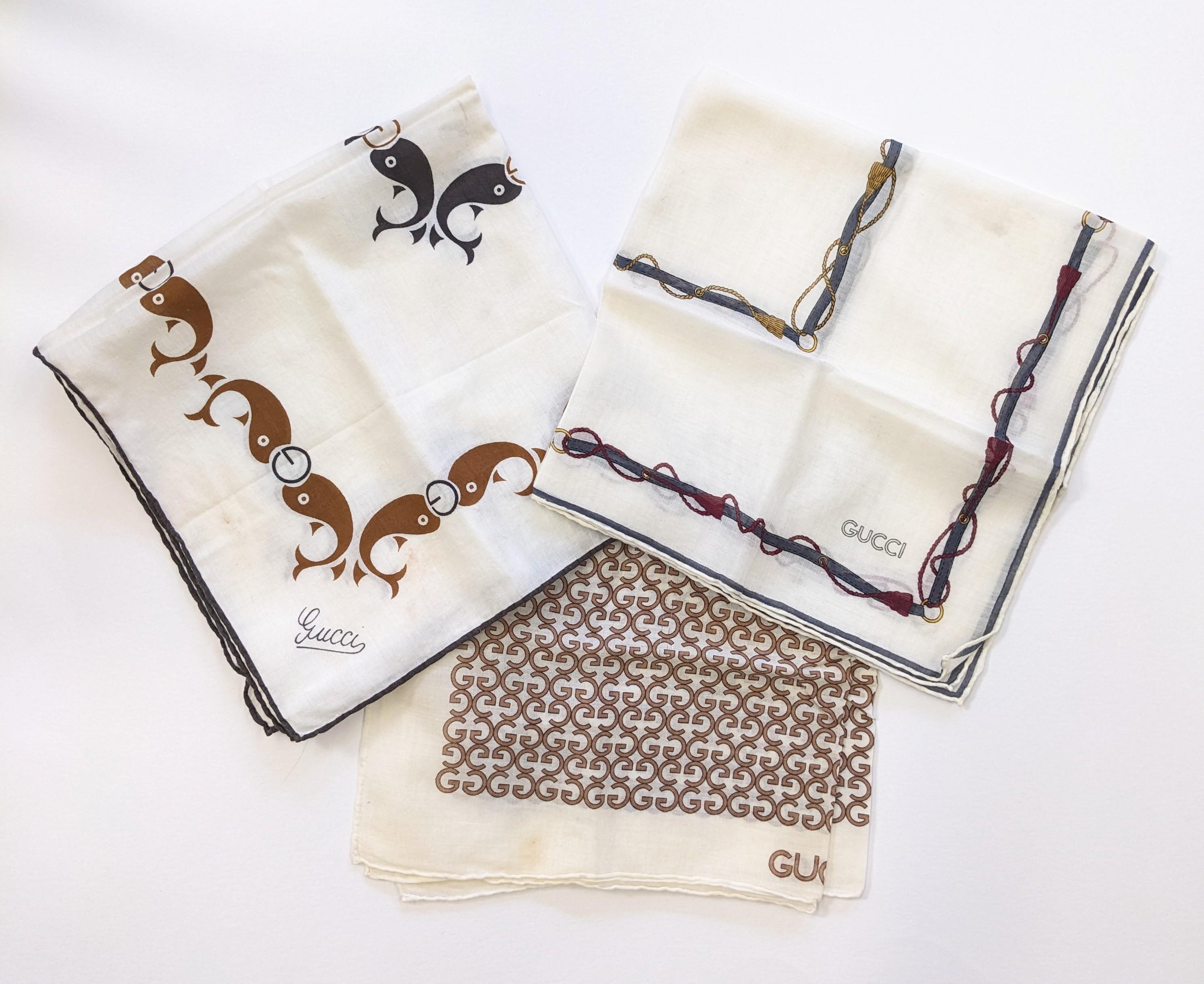 Gucci Vintage Cotton Batiste Scarves from the 1970's. Great period graphics with hand rolled edges. 16
