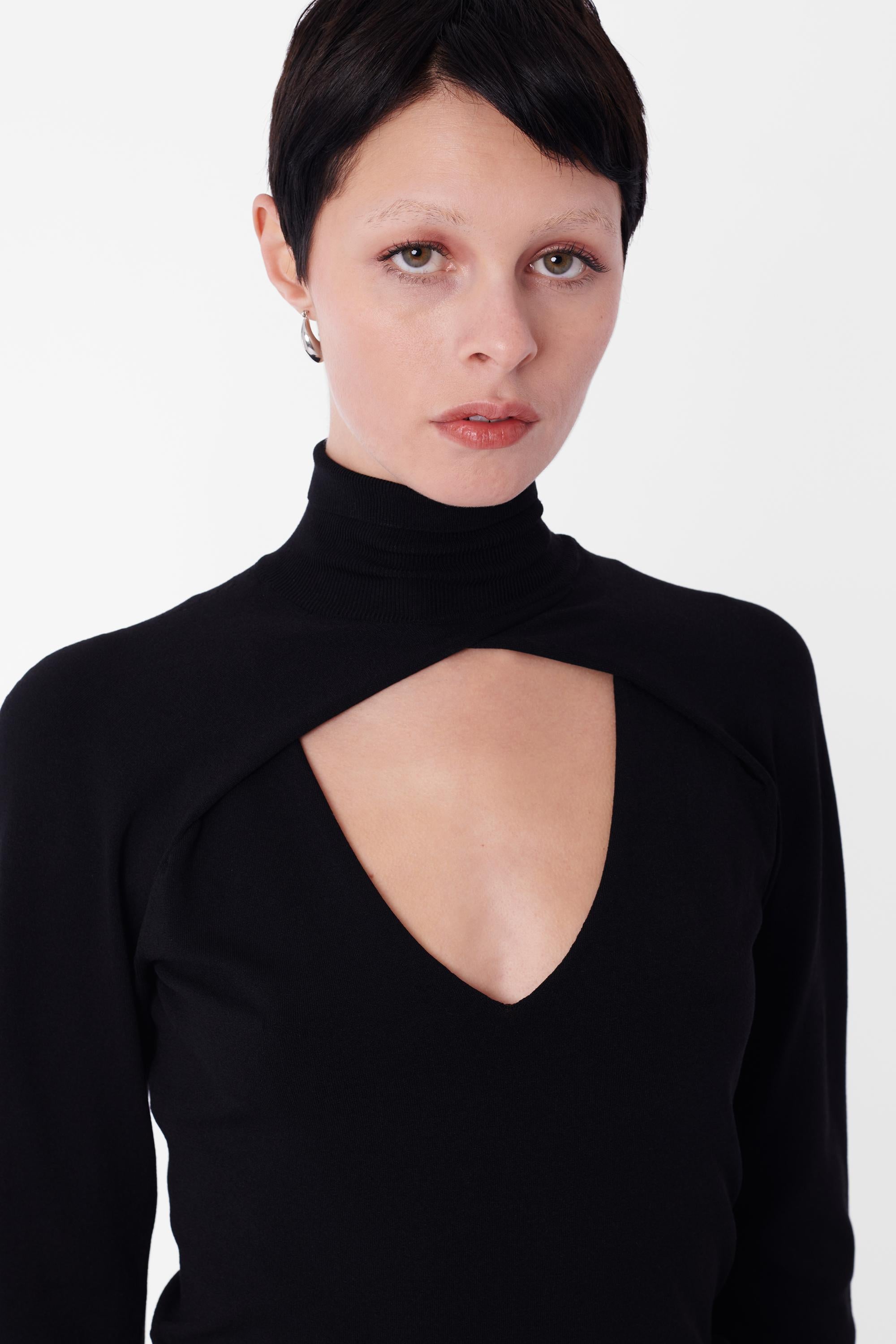 Black Gucci Vintage Cutout Turtleneck Long Sleeve Silk Top For Sale