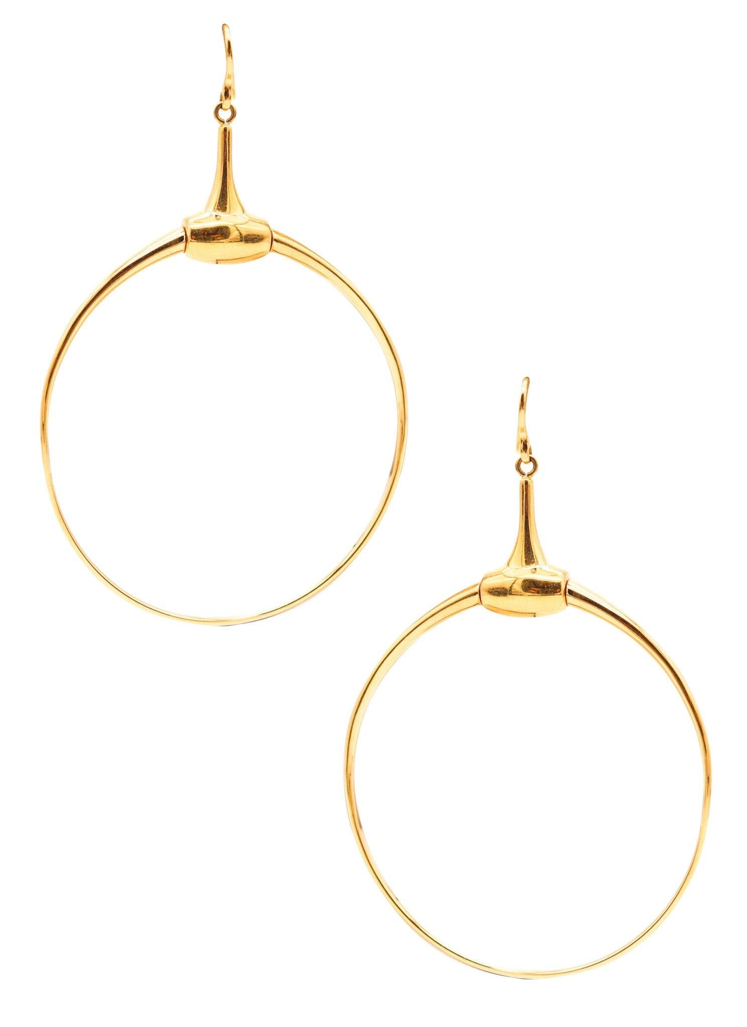 GUCCI Vintage Dangle Horse-Bits Circles Hoops Earrings In Solid 18Kt Yellow Gold