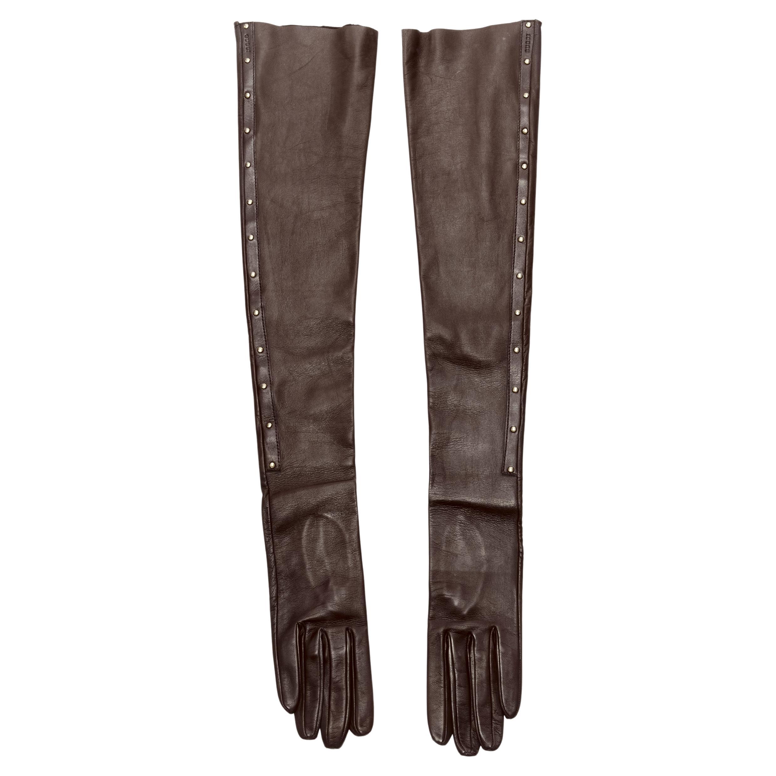 GUCCI Vintage dark brown leather gold stud trim long gloves Sz.7 For Sale