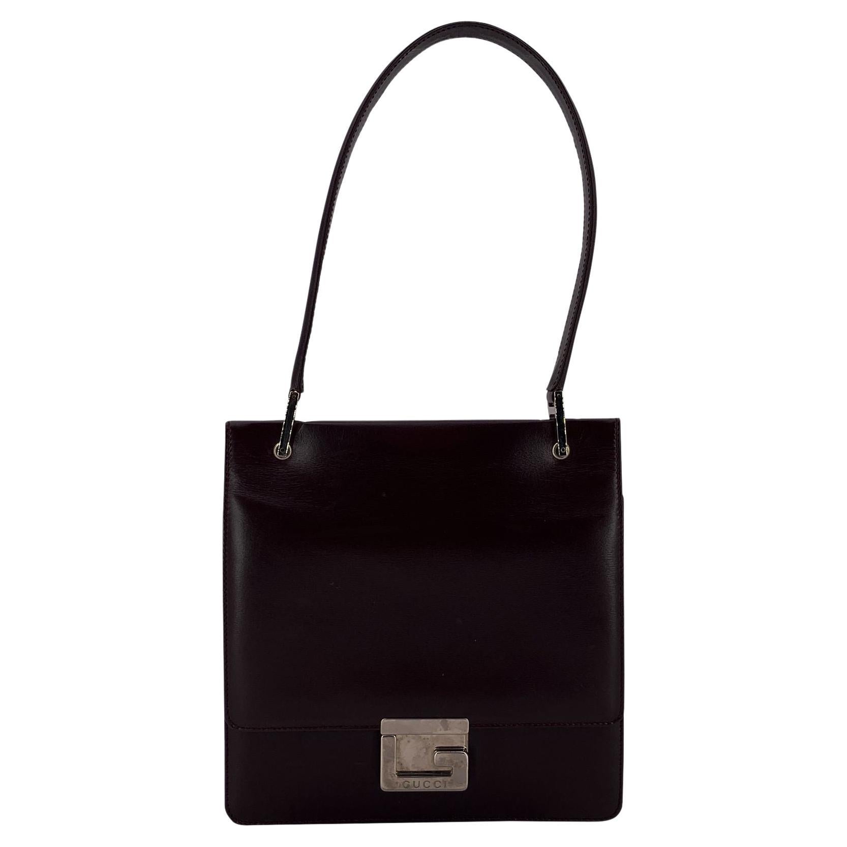 Gucci Vintage Dark Brown Leather Square G Handbag Shoulder Bag en venta