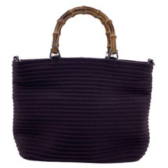 Gucci Vintage Dark Brown Pintucked Canvas Bamboo Handbag Tote