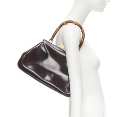 GUCCI Vintage dark brown shiny leather Bamboo handle satchel bag