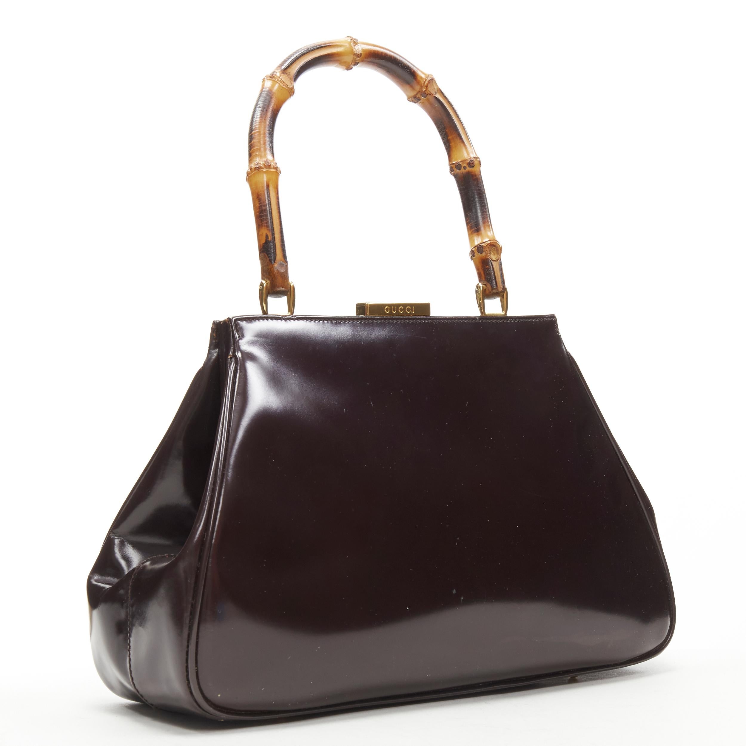 Black GUCCI Vintage dark brown shiny leather Bamboo handle satchel bag