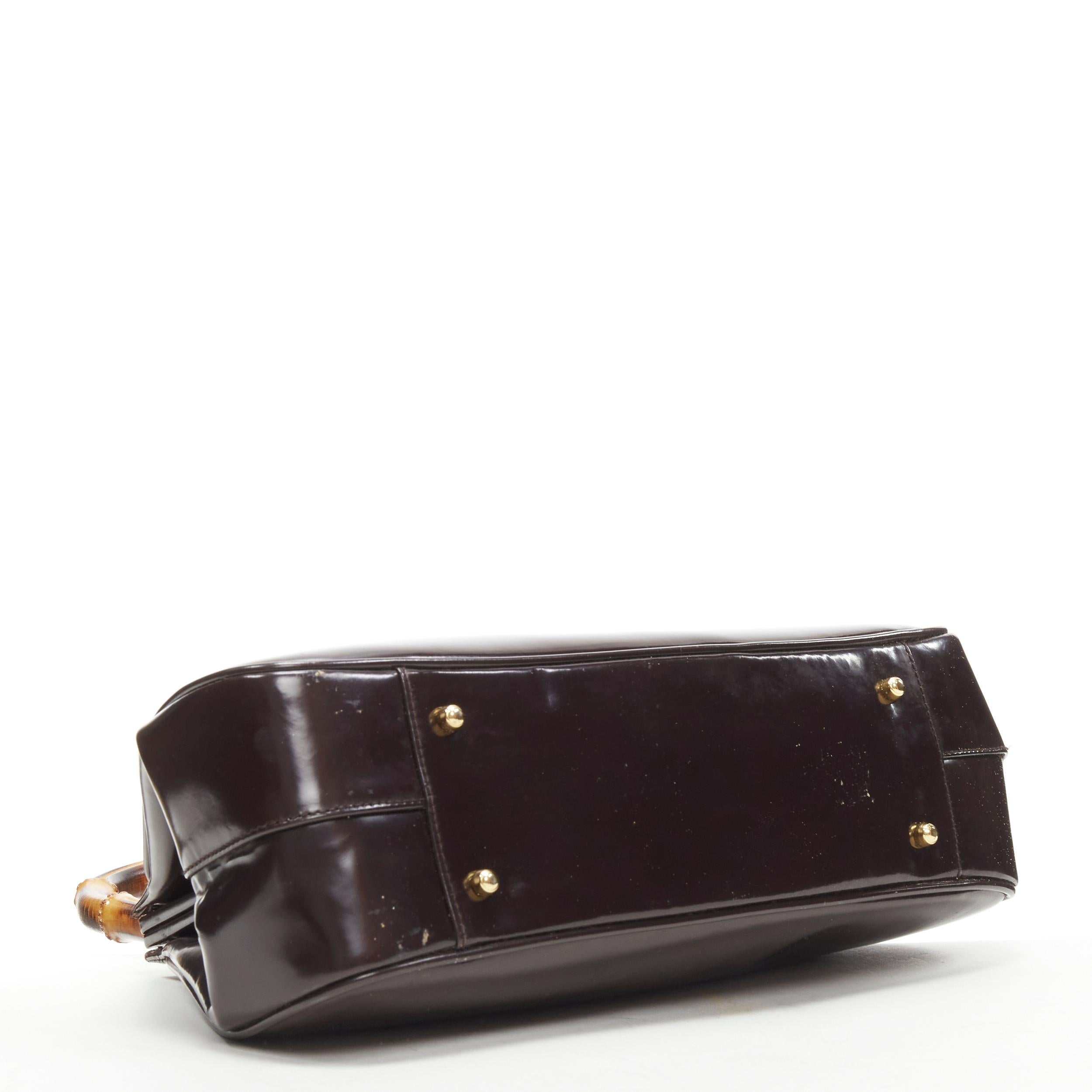 GUCCI Vintage dark brown shiny leather Bamboo handle satchel bag 1
