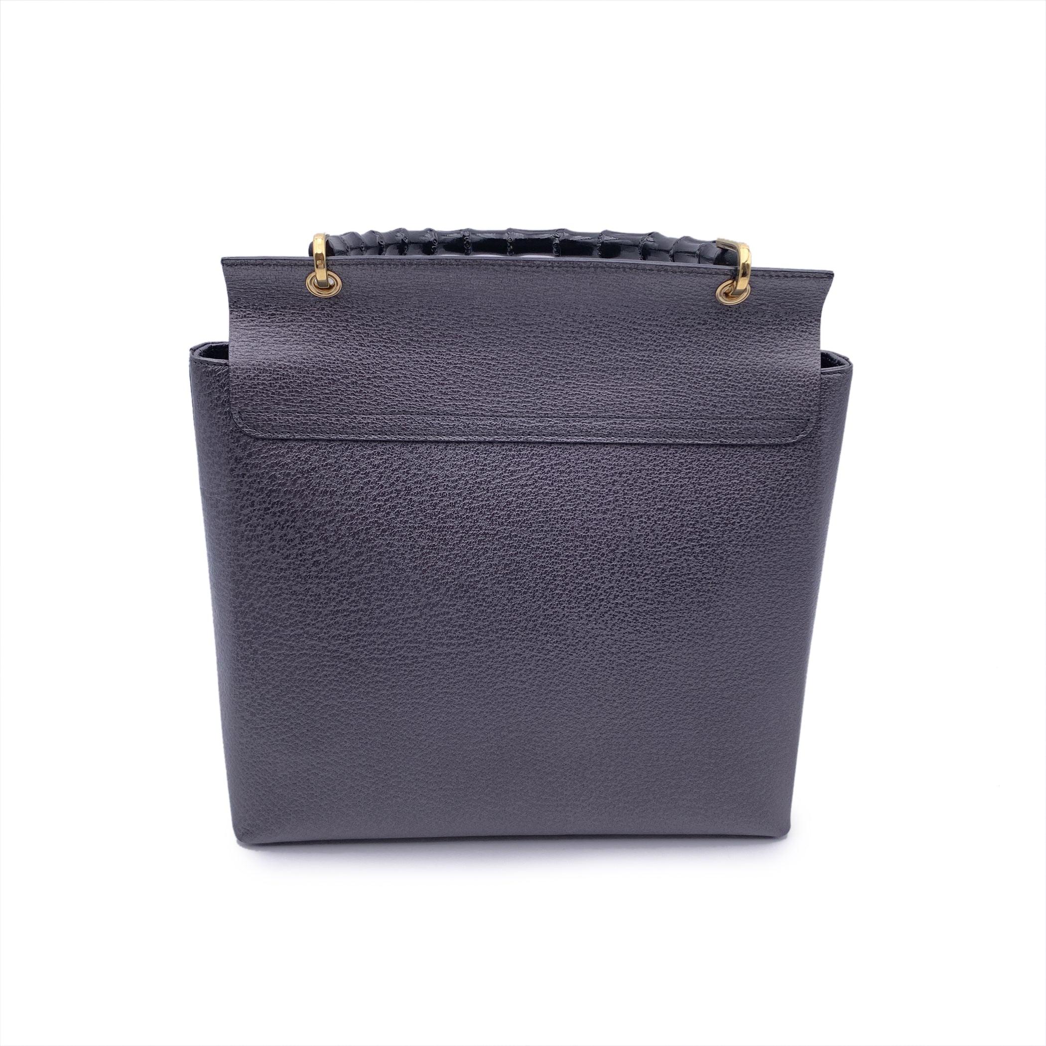 Black Gucci Vintage Dark Grey Leather Bamboo Handle Box Handbag Bag