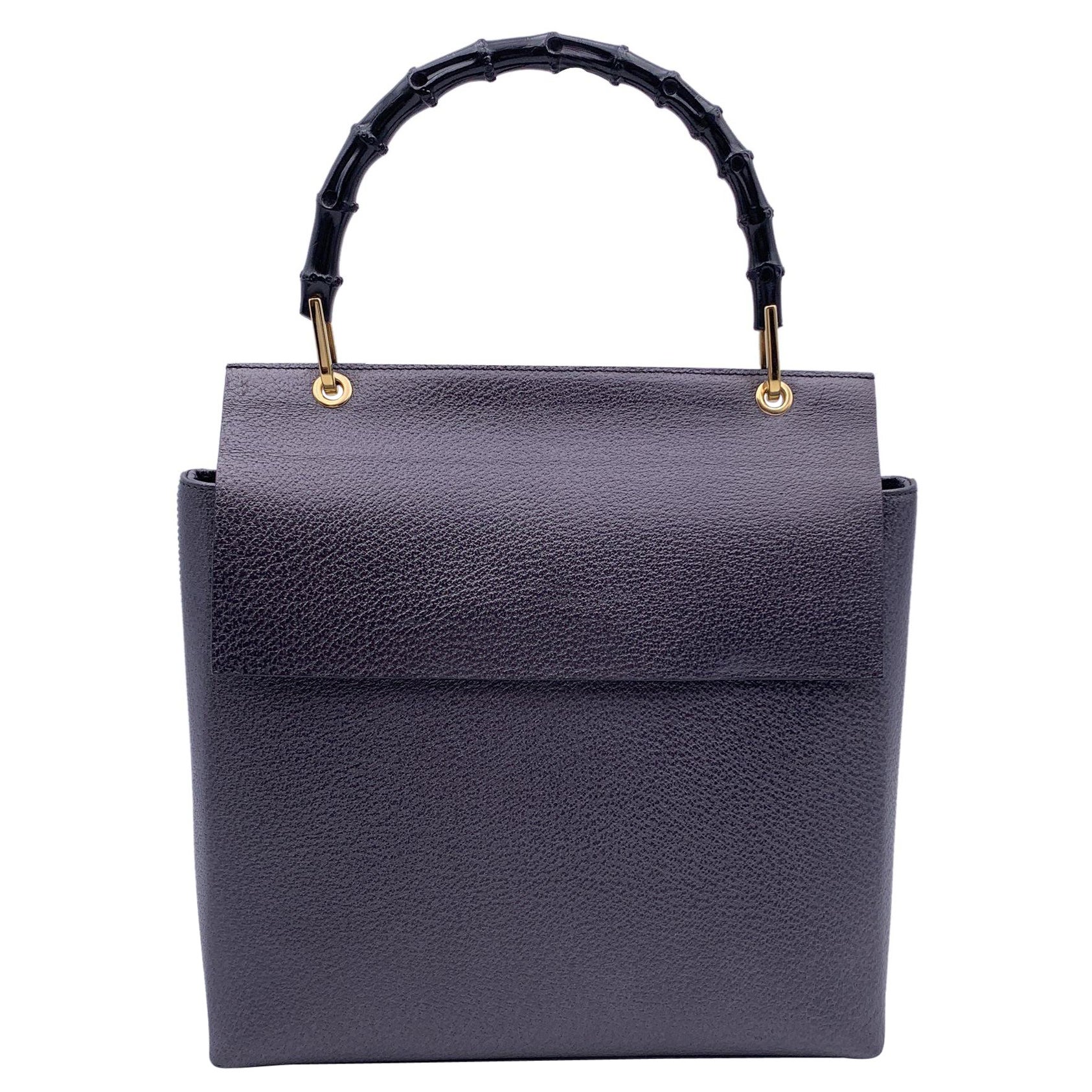 Gucci Vintage Dark Grey Leather Bamboo Handle Box Handbag Bag