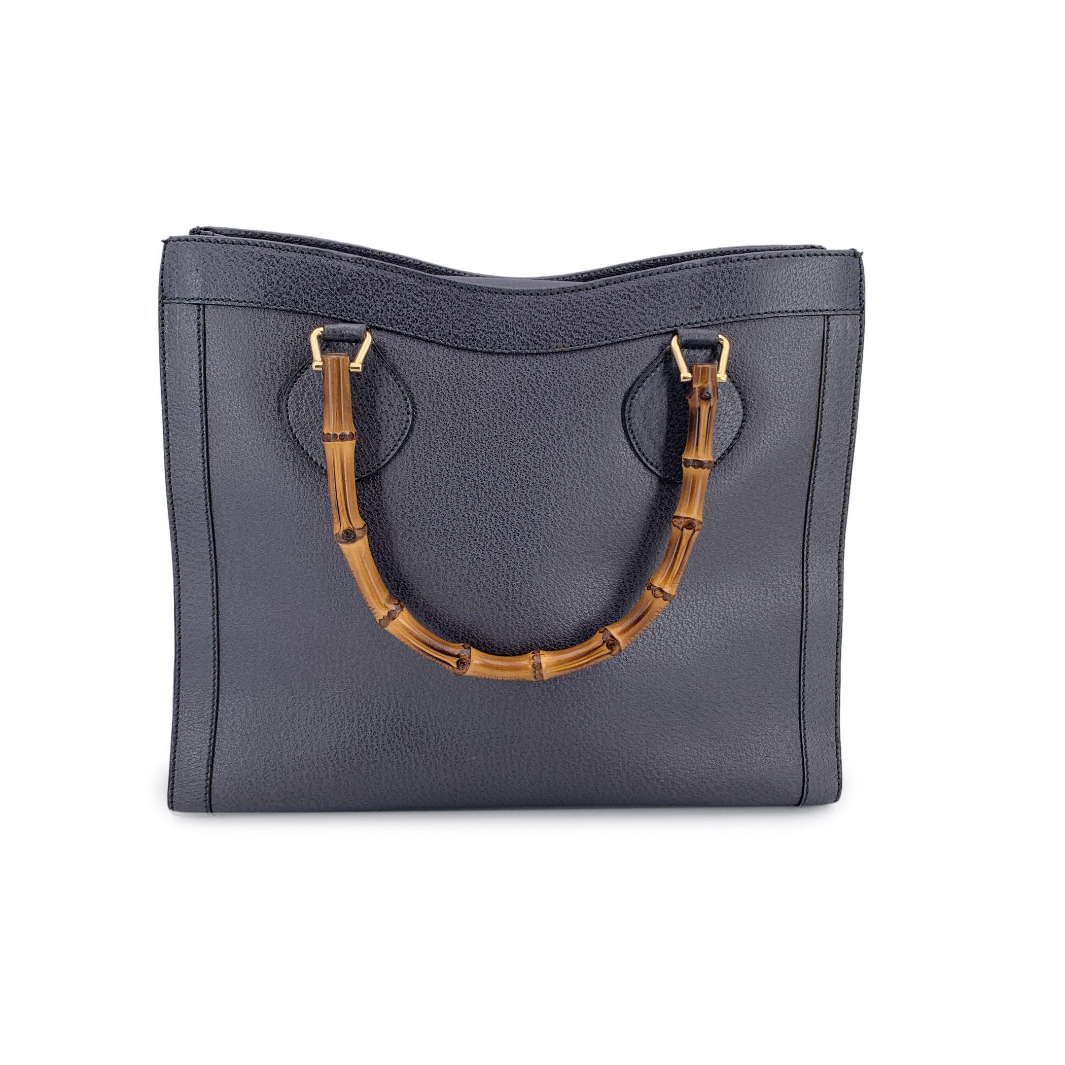 Black Gucci Vintage Dark Grey Leather Bamboo Princess Diana Tote Bag For Sale