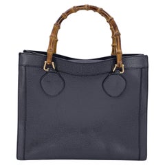 Gucci Vintage Dark Grey Leather Bamboo Princess Diana Tote Bag