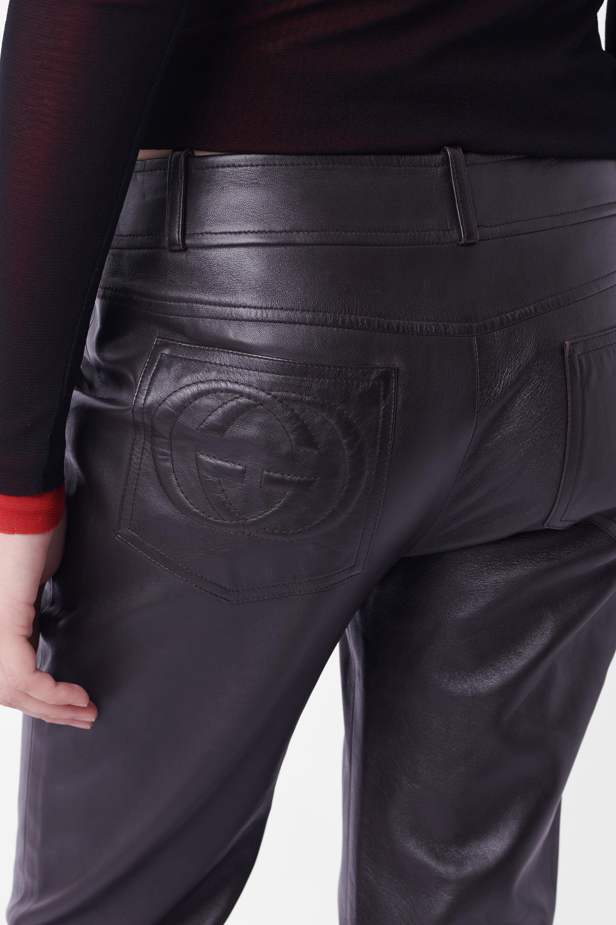 Women's Gucci Vintage F/W 2003 GG Logo Brown Leather Trousers For Sale