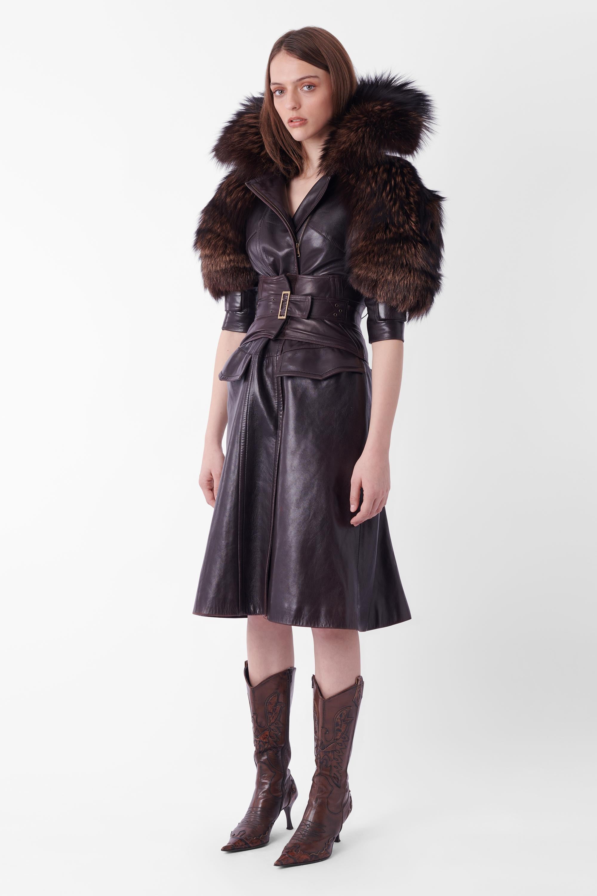 Women's Gucci Vintage F/W 2003 Runway Leather Coat with Fur & Leather Corset Belt