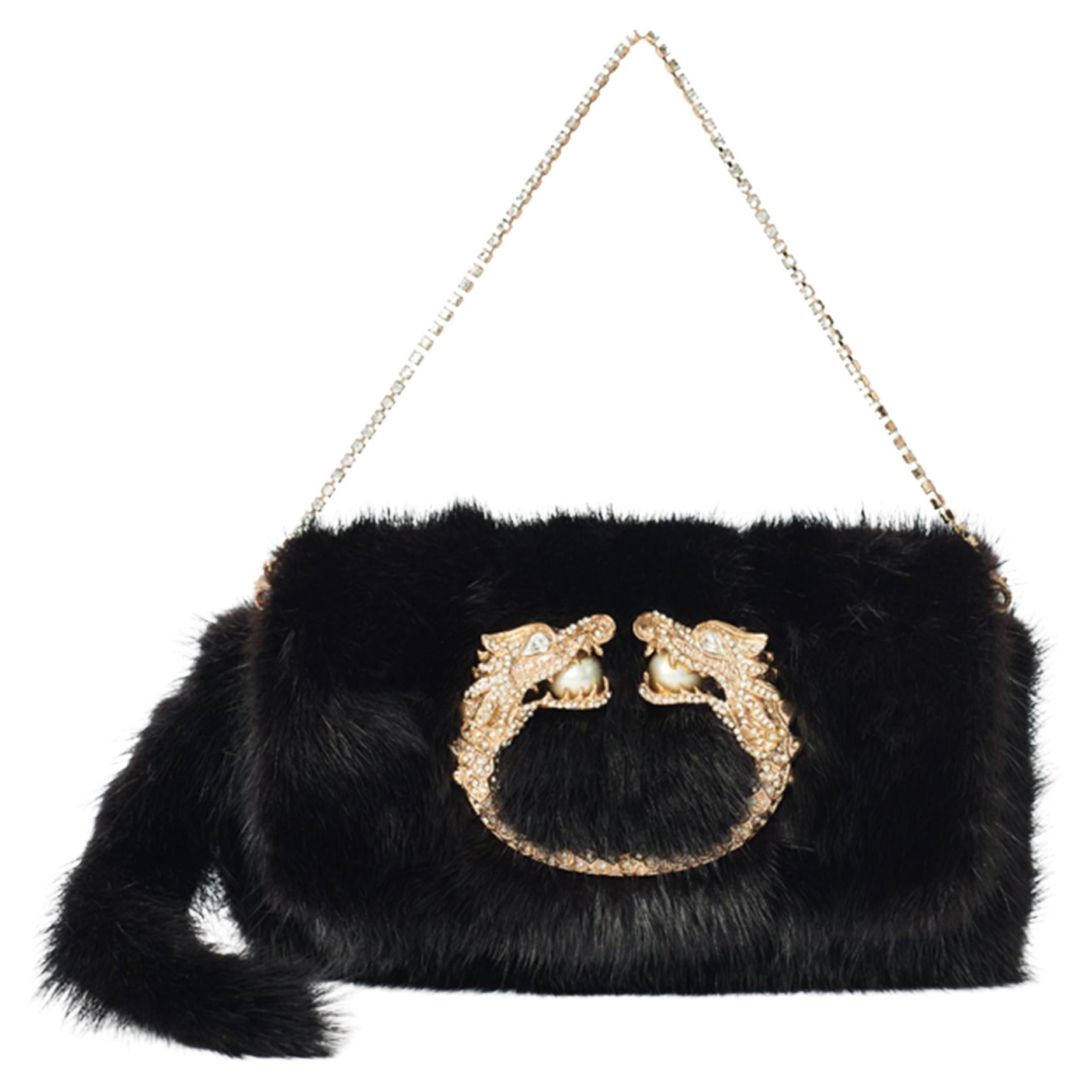 Gucci Vintage F/W 2004 Runway Mink Fur Dragon Pearl Black Clutch For Sale