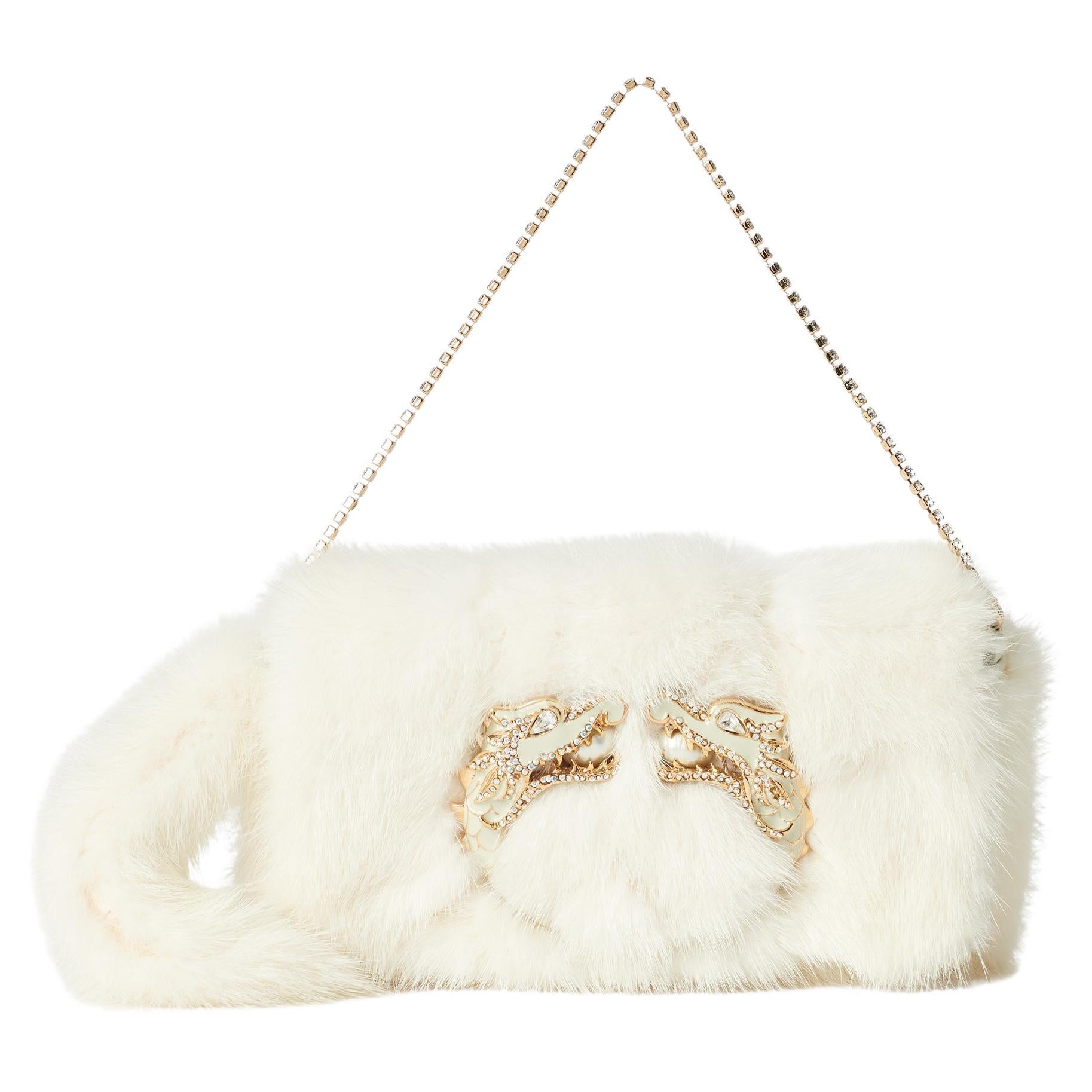Gucci Vintage F/W 2004 Runway Mink Fur Dragon Pearl Cream Clutch For Sale