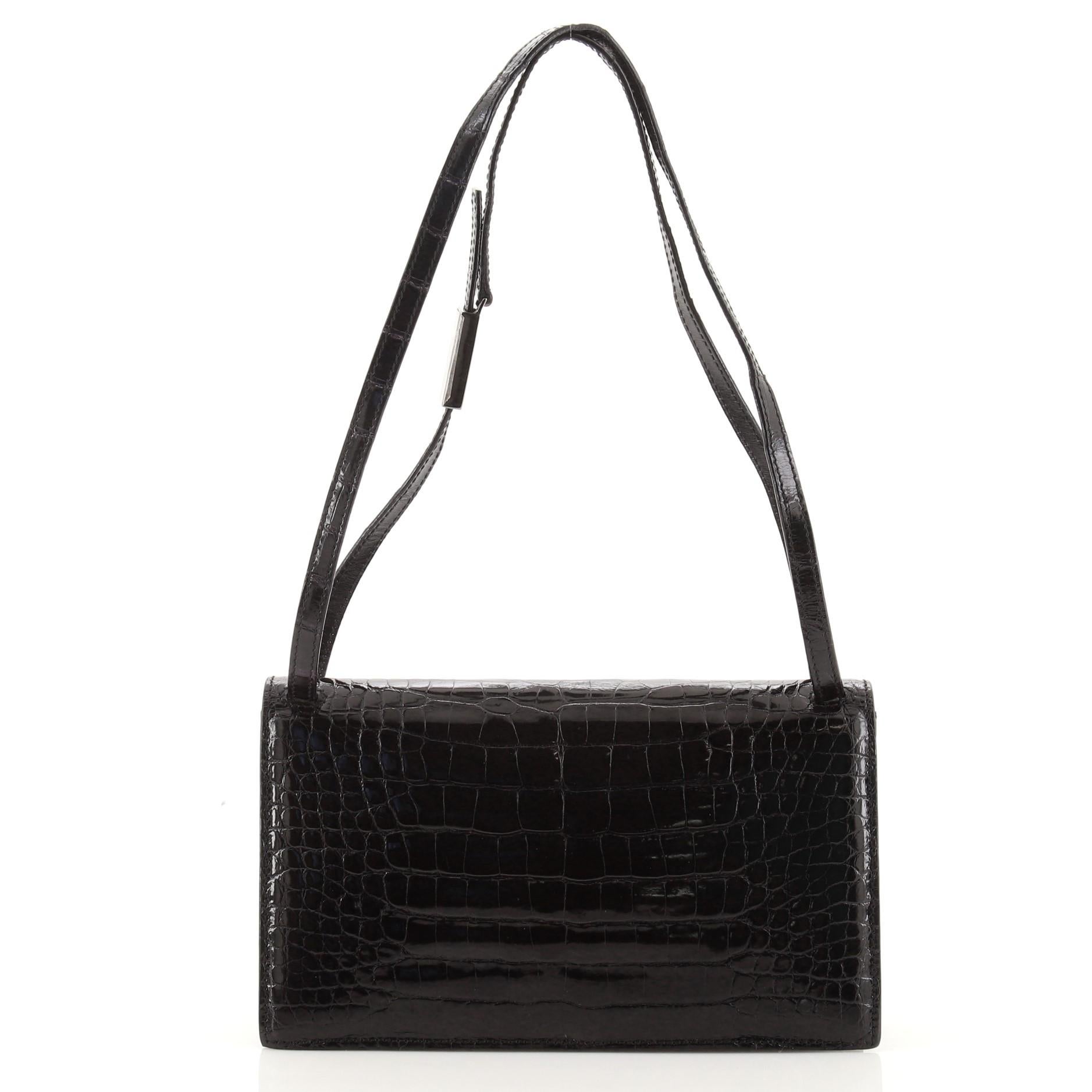 Black Gucci Vintage Flap Shoulder Bag Crocodile Embossed Leather Small