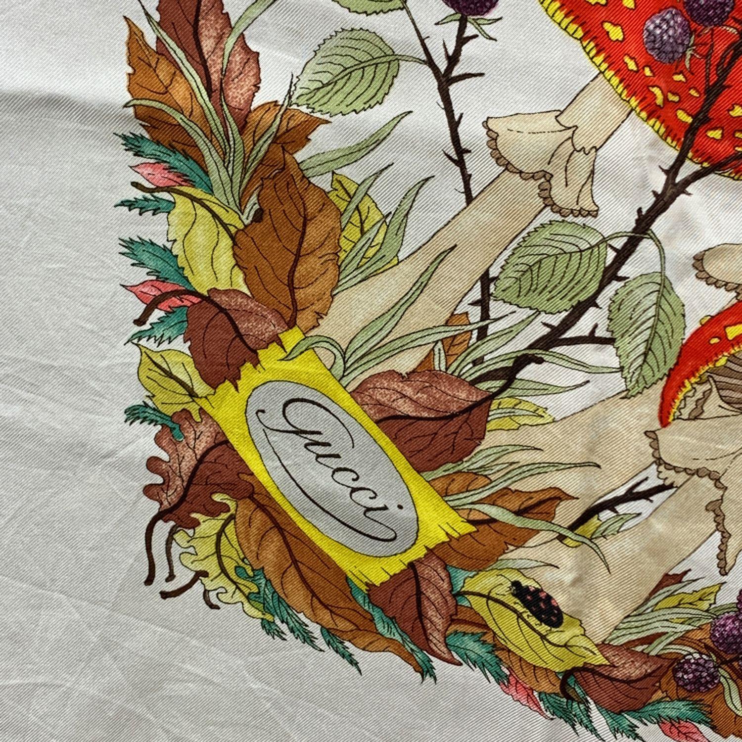 Beige Gucci Vintage Floral Silk Scarf Funghi Mushrooms 1967 Accornero