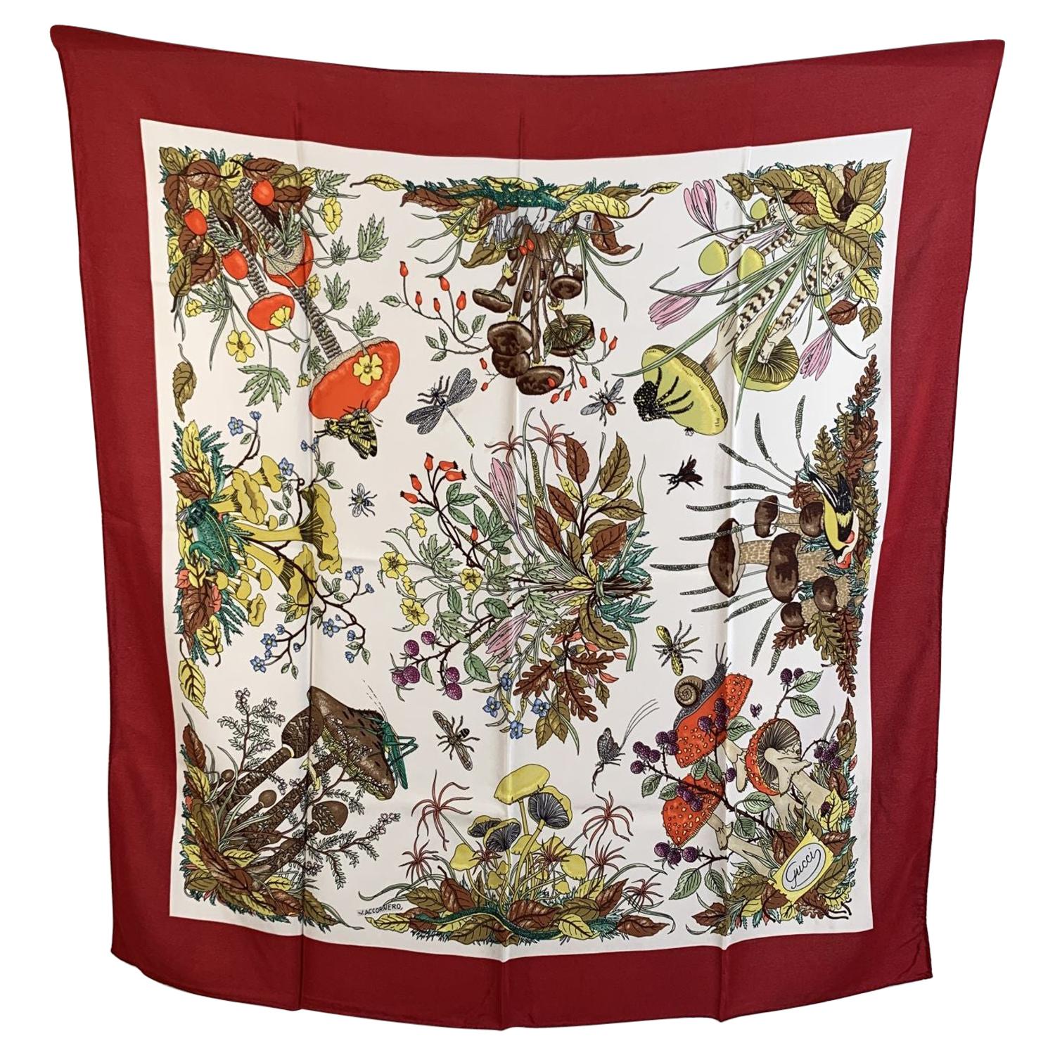 Gucci Vintage Floral Silk Scarf Funghi Mushrooms 1967 Accornero For Sale at  1stDibs | gucci mushroom scarf