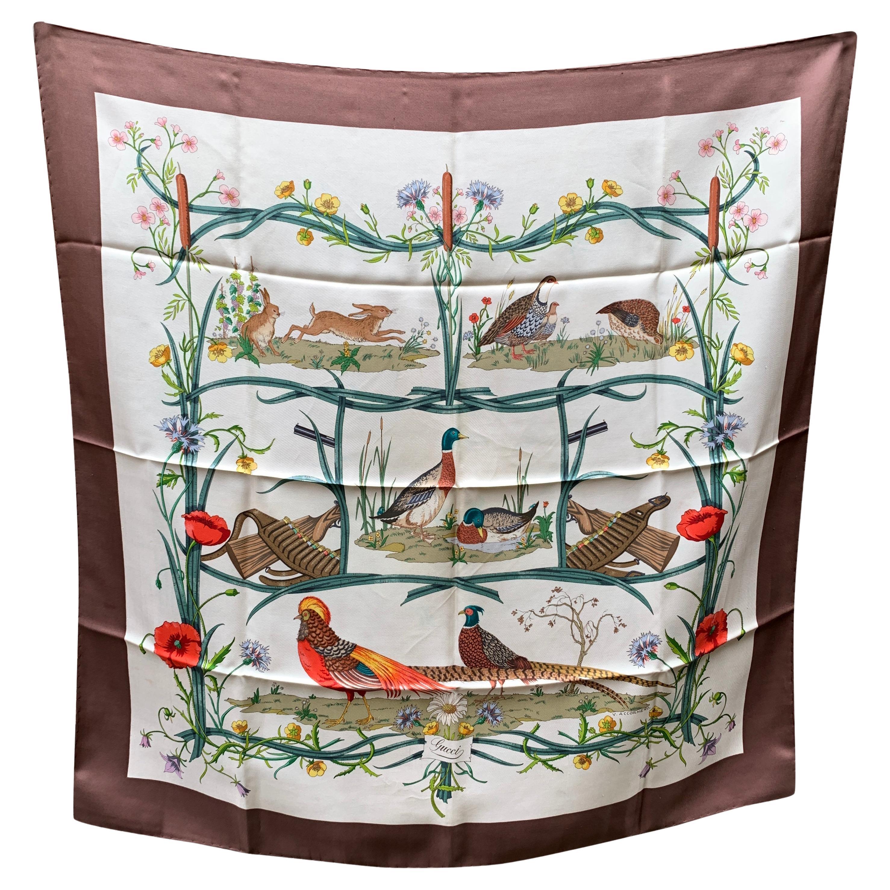 Gucci Vintage Gioco e Fiori Sciarpa di seta Flora 1970s Accornero