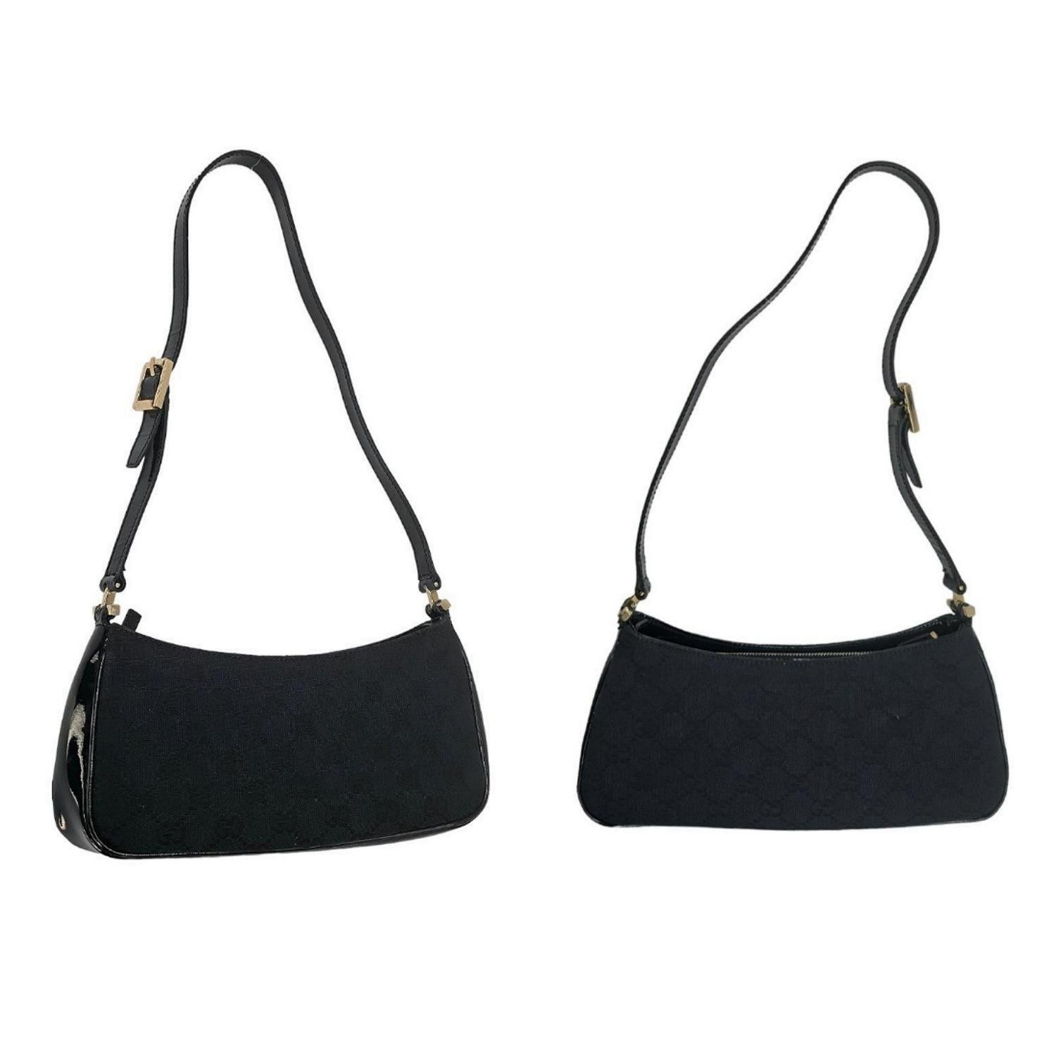 Black Gucci Vintage GG Canvas Patent-Leather Trim Mini Baguette For Sale