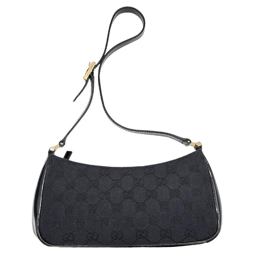 Gucci Vintage GG Canvas Patent-Leather Trim Mini Baguette For Sale