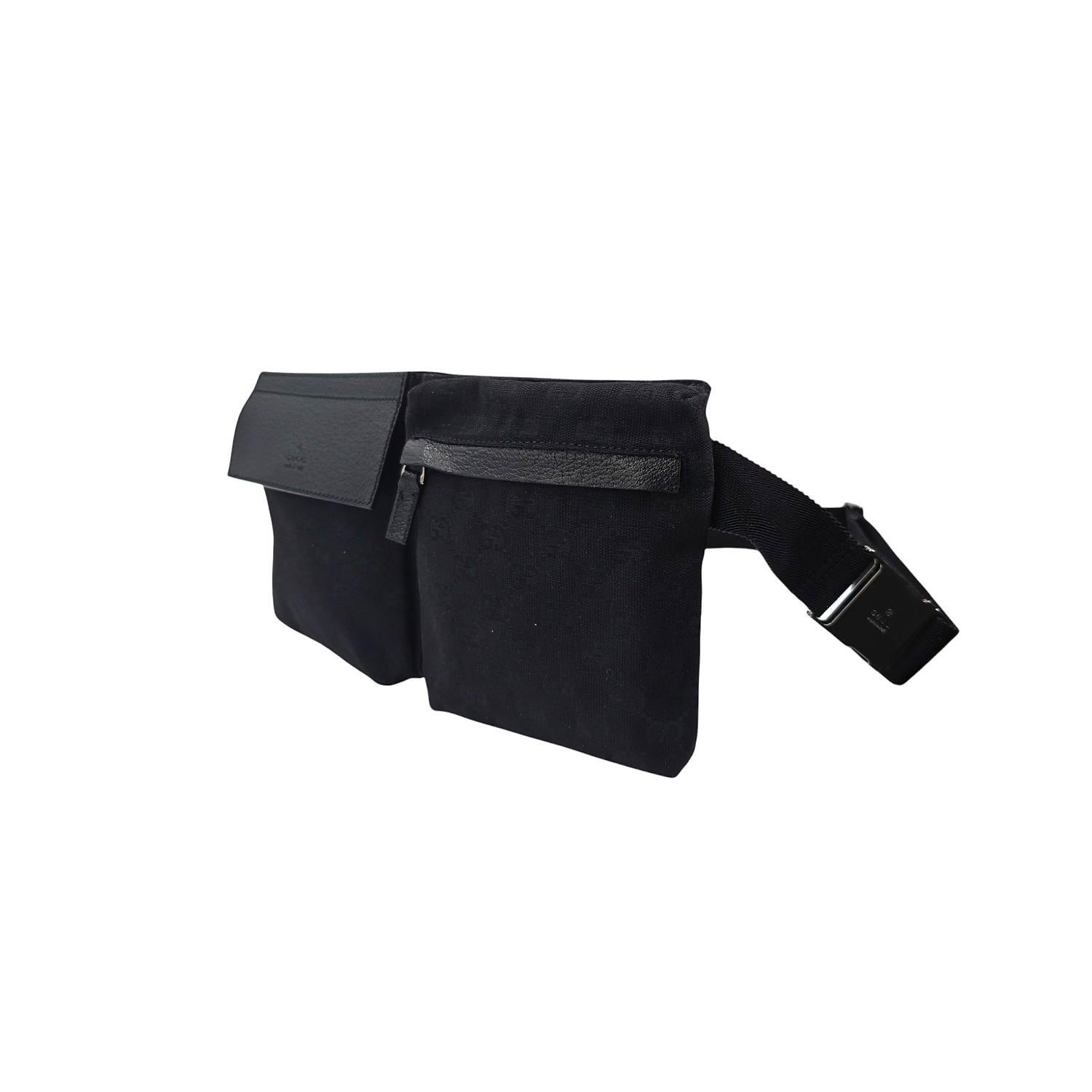 Crafted with finesse, this Gucci GG Monogram Double Pocket Belt Bag is made of iconic GG monogram canvas and features a sleek black leather flap pocket and a front zipper pocket. With an adjustable canvas belt strap and gunmetal hardware, this bag