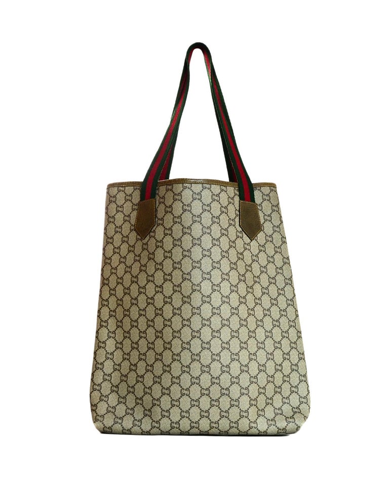 Gucci Vintage GG Monogram Plus Tote Bag W Red Green Web Straps at